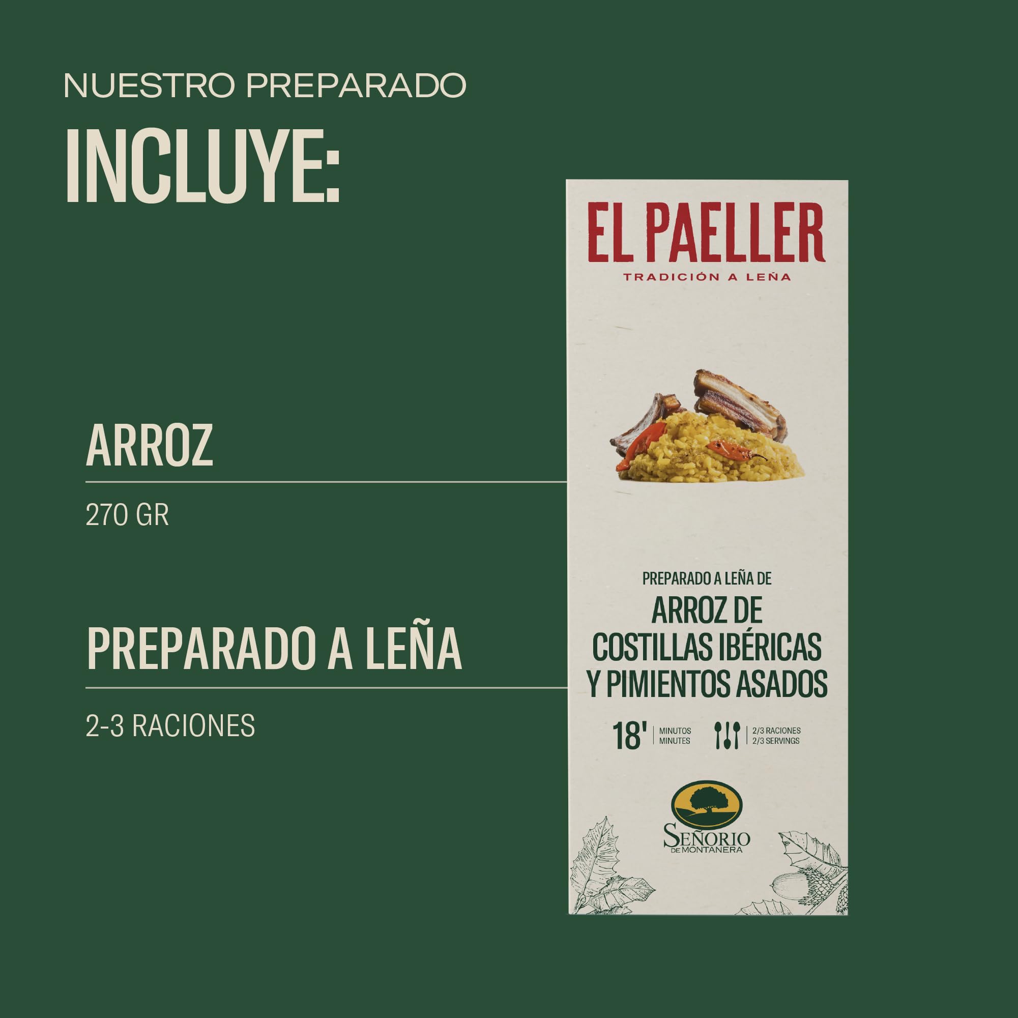 EL PAELLER - Preparado Arroz de Costillas Ibericas y Pimientos Asados - Cocinado Artesanalmente a Leña - Ingredientes 100% Naturales - Para 2/3 Personas - Fácil de Preparar en Tan Solo 18 Minutos