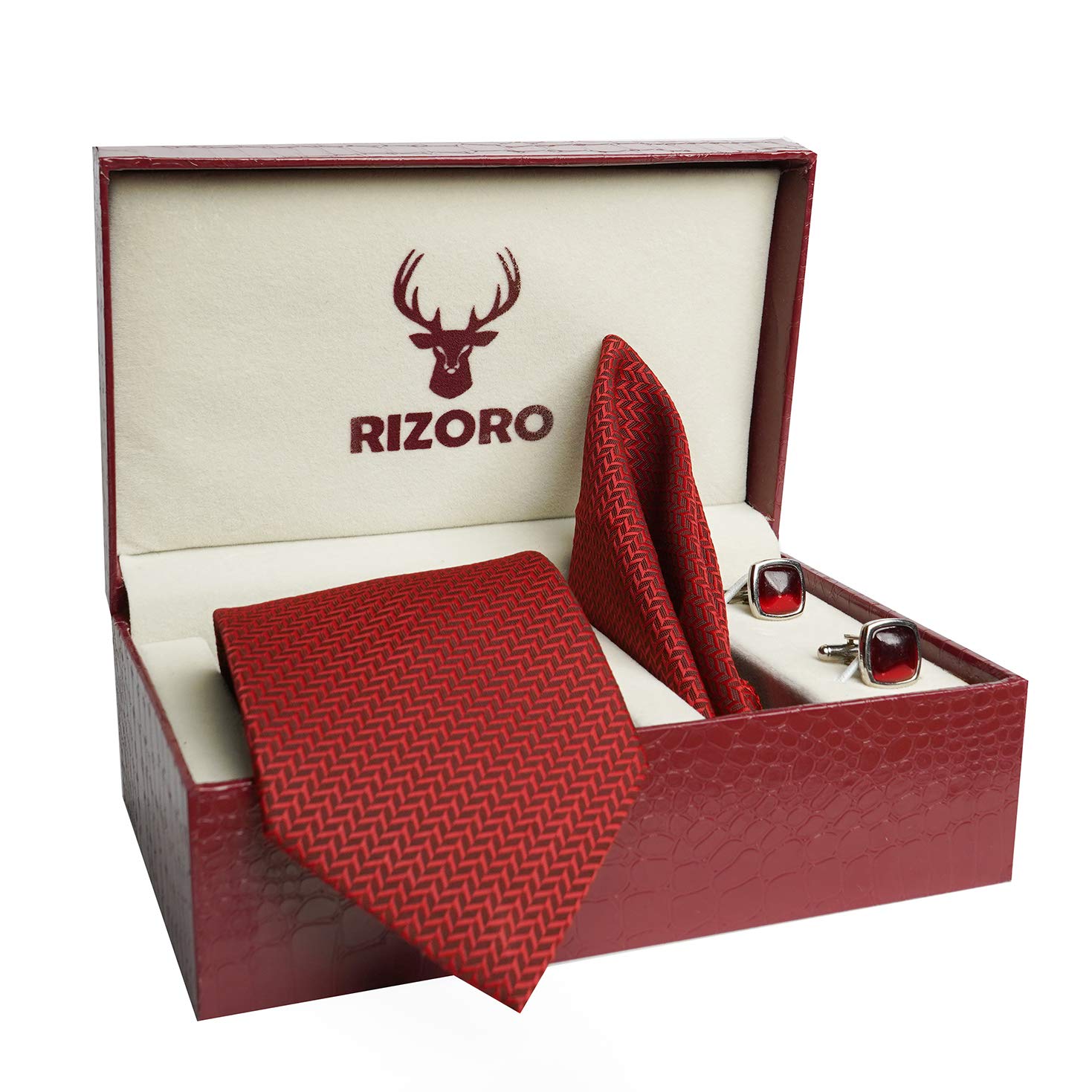 RIZORO Tie for Men – Self Silk Neck Ties Set with Cufflinks Flower Pin, Pocket Square & Black Gift Box, Combo Necktie Sets for Office Wear, Formal Suits & Weddings (Red, SIDIRDRB) - Image 3 thumbnail