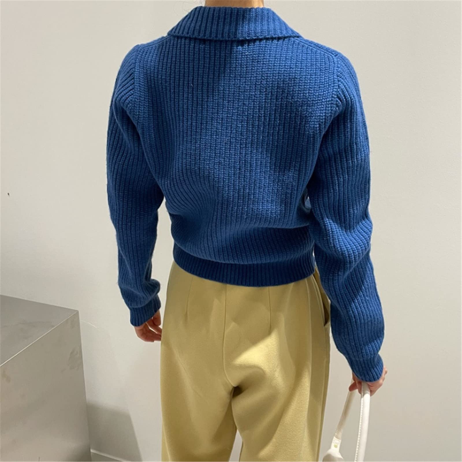 Otoño Invierno De Punto Cardigan Chic Doble Bolsillos Suéter Abrigo Slim Cintura Elegante Chaqueta De Punto, azul, Talla única
