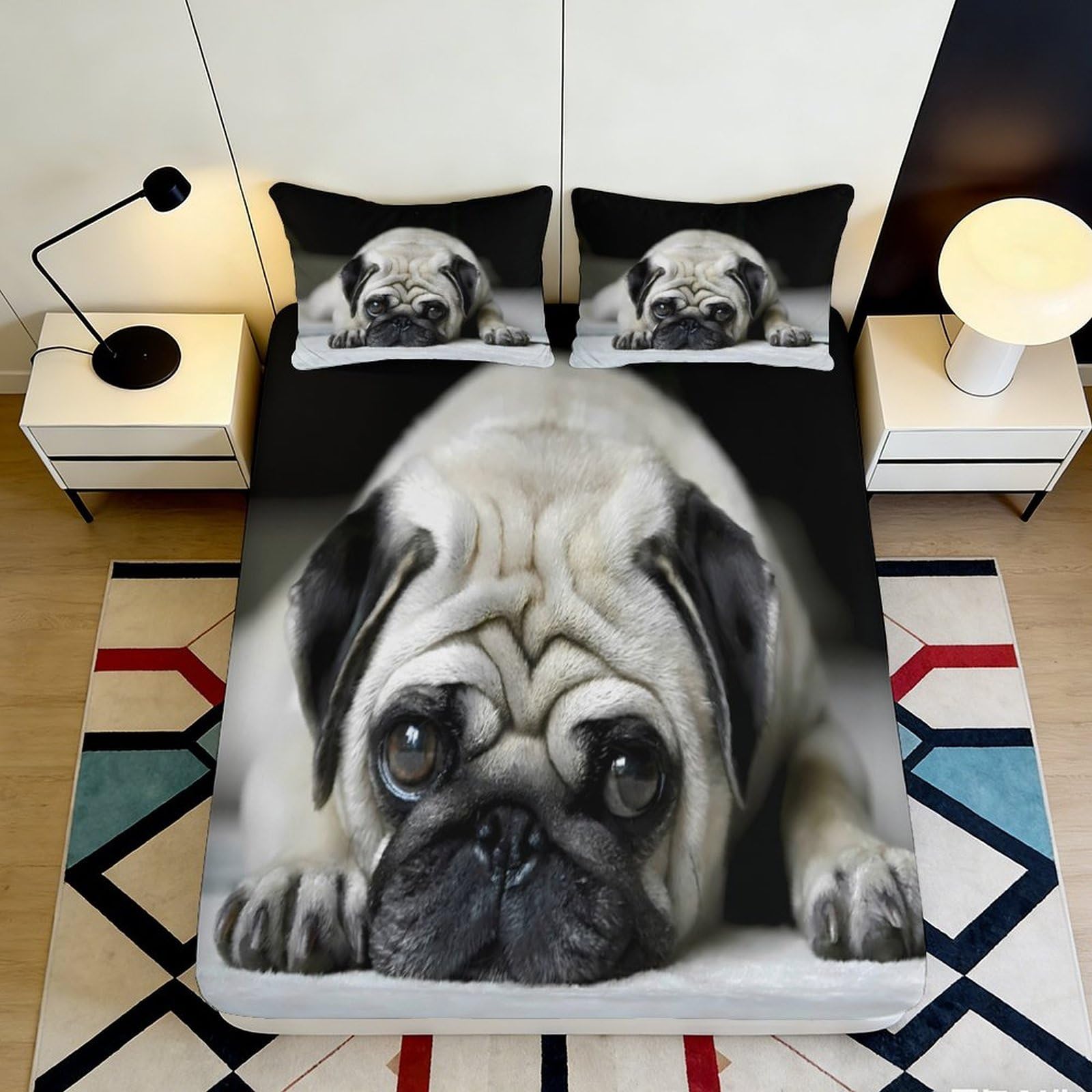 3D Printed Pug Dog Fitted Sheet Microfiber Soft Durable Cute Puppy Bed Sheet Mattress Cover for Bedroom Dormitory Guest Room Protective Decor 120x200x25cm