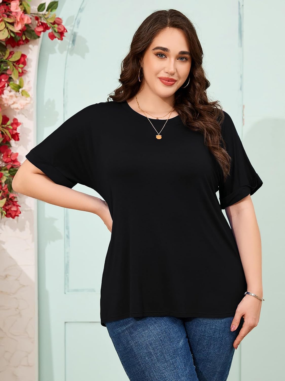 LARACE Plus Size Tunic Tops for Womens Summer Shirts Roll Up Short Sleeves Blouses Loose Fit Tee Shirts Womens Casual Tops - Image 4