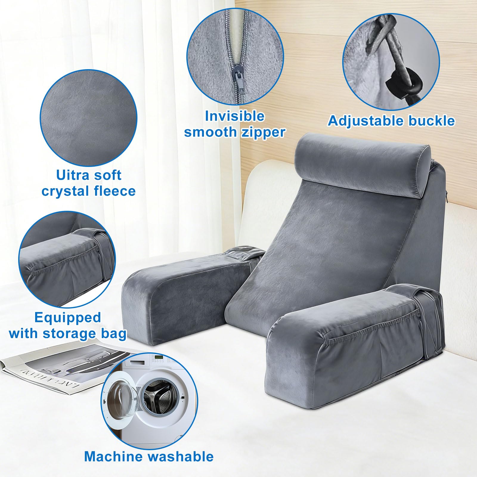 Cojín de lectura para adultos, de espuma viscoelástica con cojín para el cuello, reposabrazos desmontables, cojín para la espalda, para leer, ver televisión, videojuegos en la cama, sofá