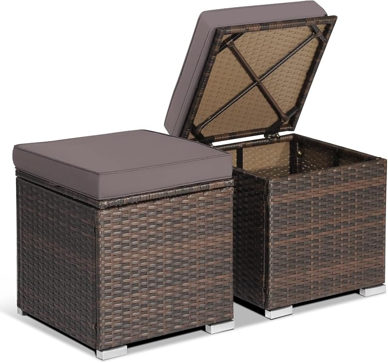 2PCS Patio Ottoman Set Outdoor Wicker Stool with Storage, Rattan Footrest Ottoman with Solid Metal Frame and Cushion for Backyard Poolside Garden Porch Balcony