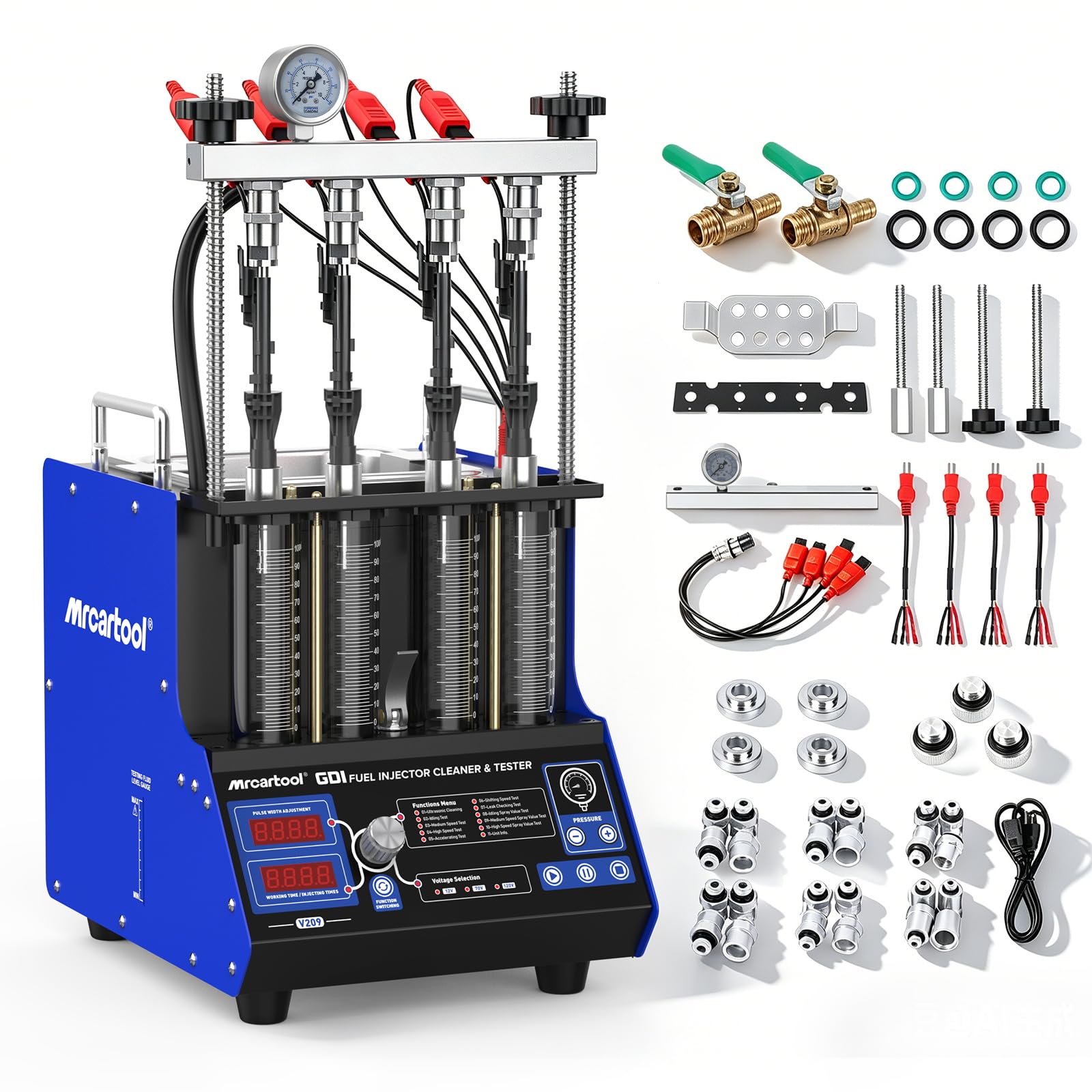 Photo 1 of MR CARTOOL V209 GDI Fuel Injector Cleaner Machine, 110V 4-Cylinders Heated Ultrasonic Injector Cleaner Kit with 10 Functions, Gasoline Fuel Injector Tester for Car Motorcycle EFI/FSI Injectors