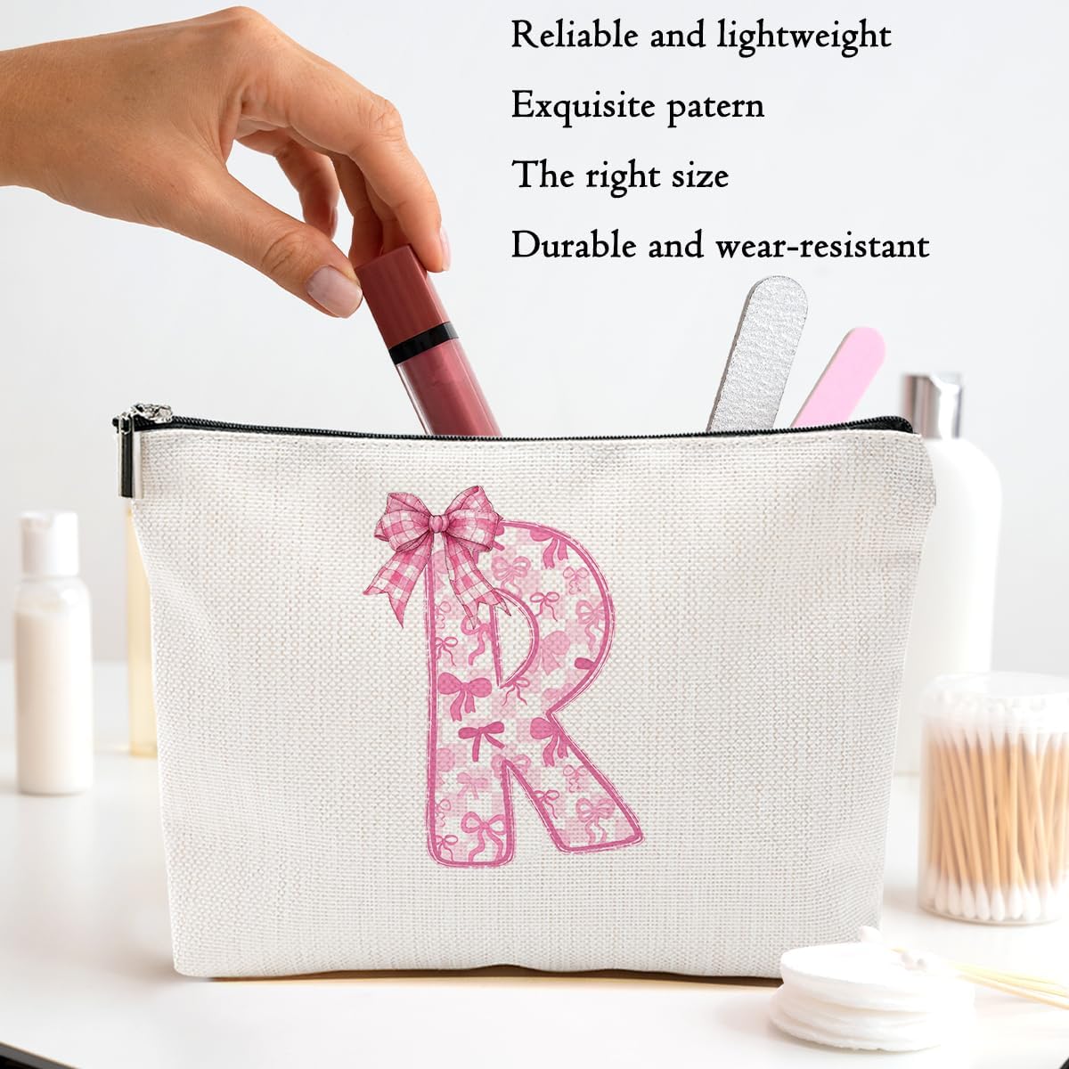 Pink Bow R, Alphabet Makeup Bag for Women, Washable Travel Organizer Toiletry Cosmetic Bag, Coquette Bow Letter Pattern Large Capacity Makeup Pouch with Zipper, Christmas Gifts for Women - Image 2