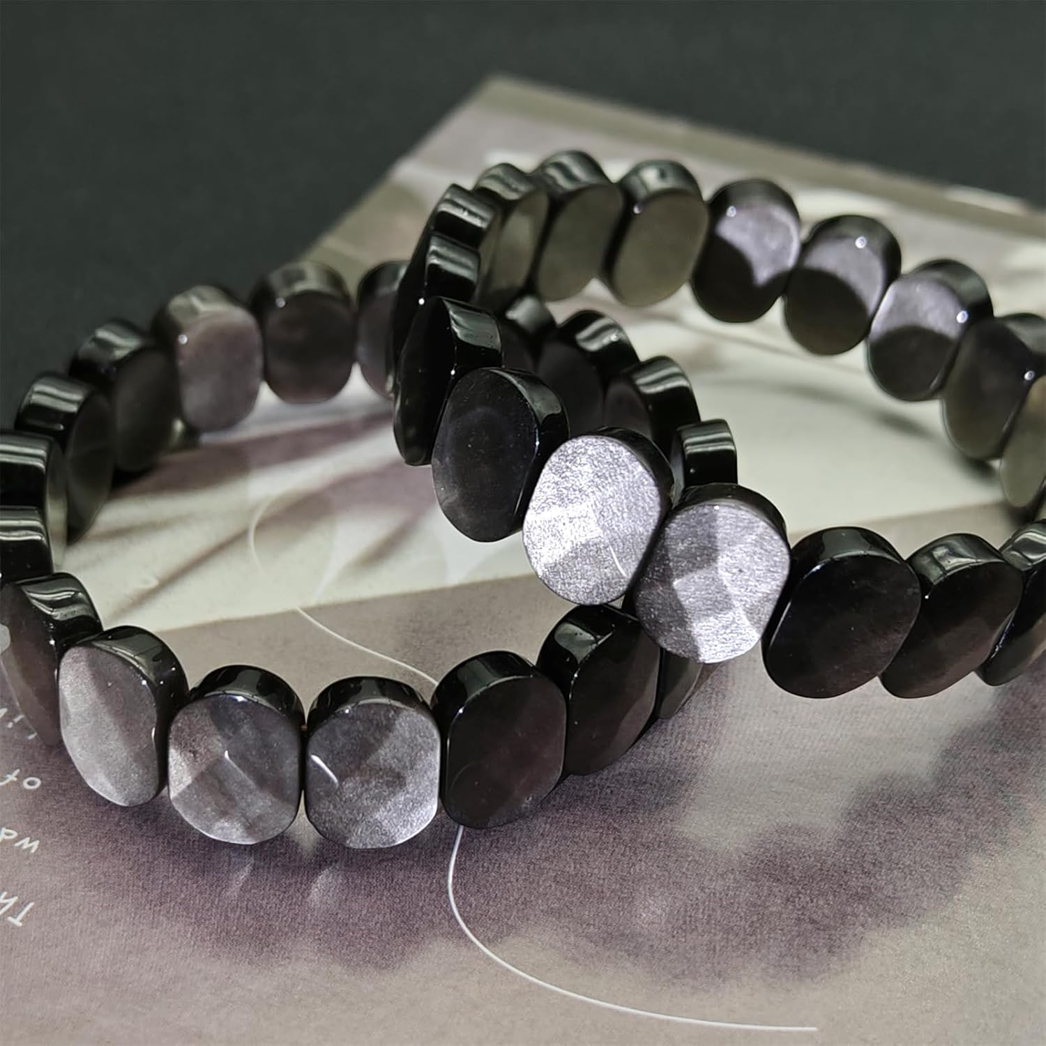 Silver Obsidian Bracelet Cross-cut Natural Crystal Stretch Bracelet Gift for Men Women Christmas Birthday Energy Healing Bring Happiness Luck Wealth - Image 7