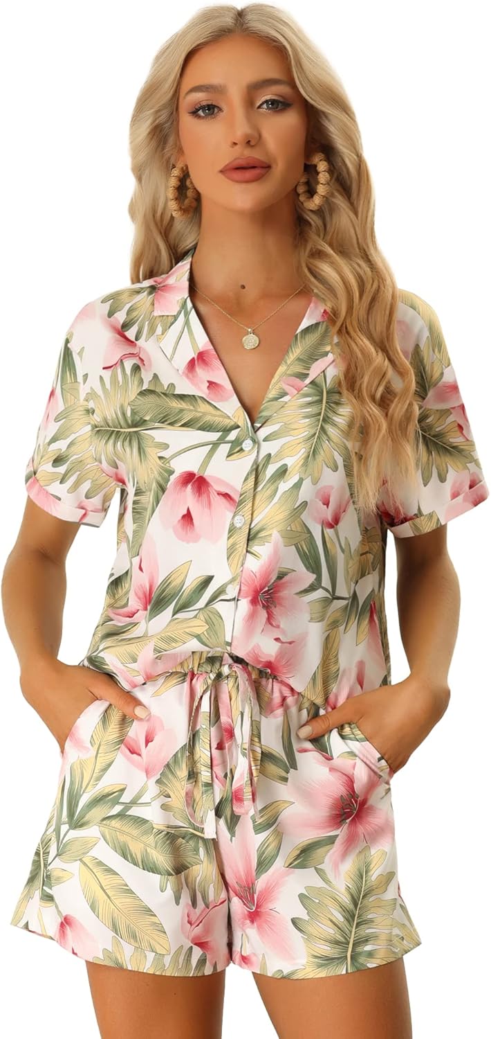 Allegra K Women Hawaiian Sets 2 Pieces Floral Button Down Shirt and Shorts Tropical Vacation Beach Casual Outfits 2025