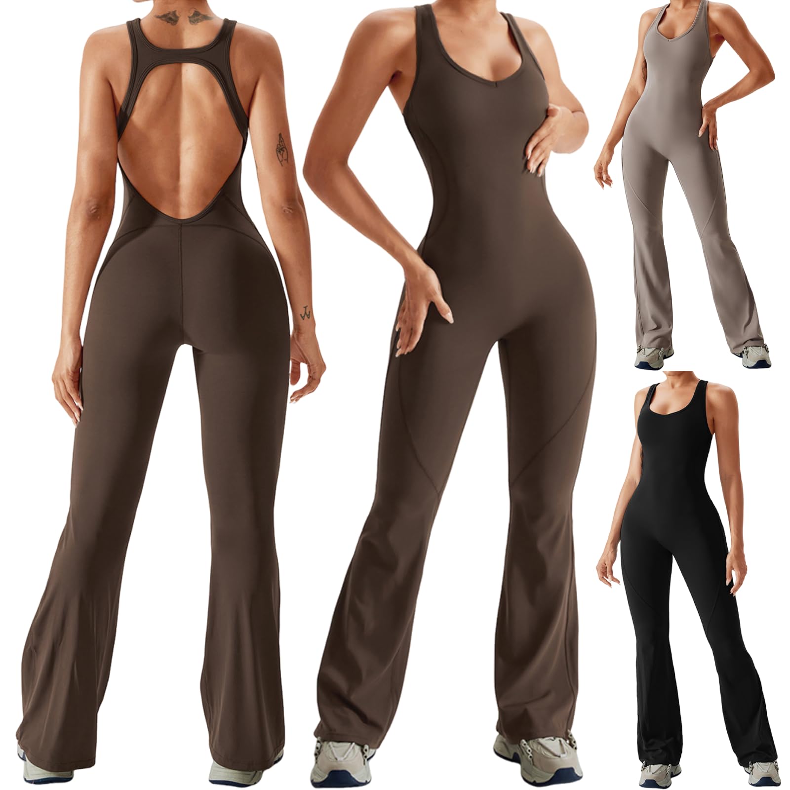 Jumpsuit Deportivo Mujer, Enterizo Deportivo Mujer Sexy Delgado sin Espalda, Mono Deportivos Mujers sin Mangas con Almohadilla para El Pecho, con Control de Abdomen - Chica - Café