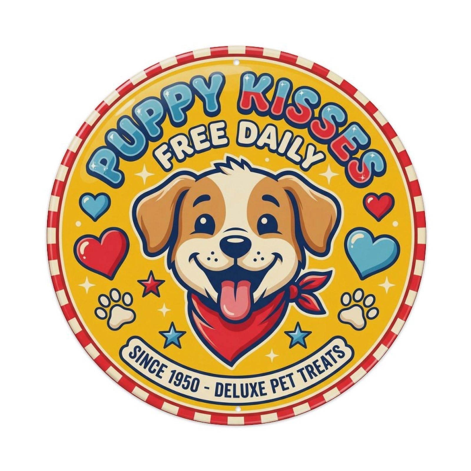 Vintage Puppy Kisses Free Daily Gift Metal Tin Sign Plaque Wall Decor for Cafe, Club, Garden Round Metal Poster 8x8Inch