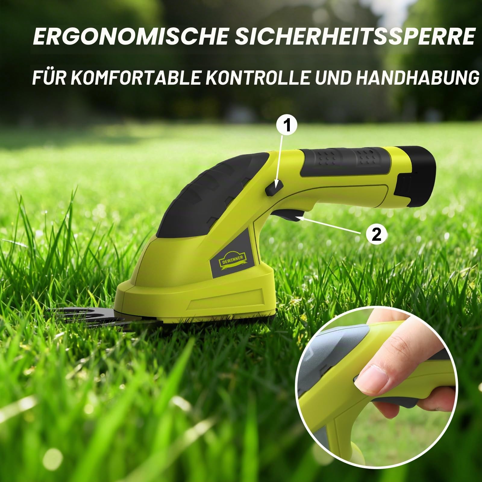 DEWINNER Akku Gras- und Strauchschere, 7,2 V 1,5 Ah Lithium, 170 mm Schnittlänge,Messerabstand 100 mm,Strauchschere Grasschere