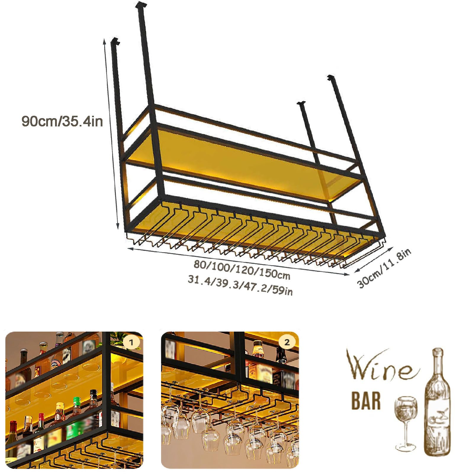 80CM Botellero colgante techo Luz LED, 2 Niveles botellero de techo de acrílico con portavasos y estantes transparentes portavasos botelleros para loft, para Cocina, Bar, Cafetería y decoración