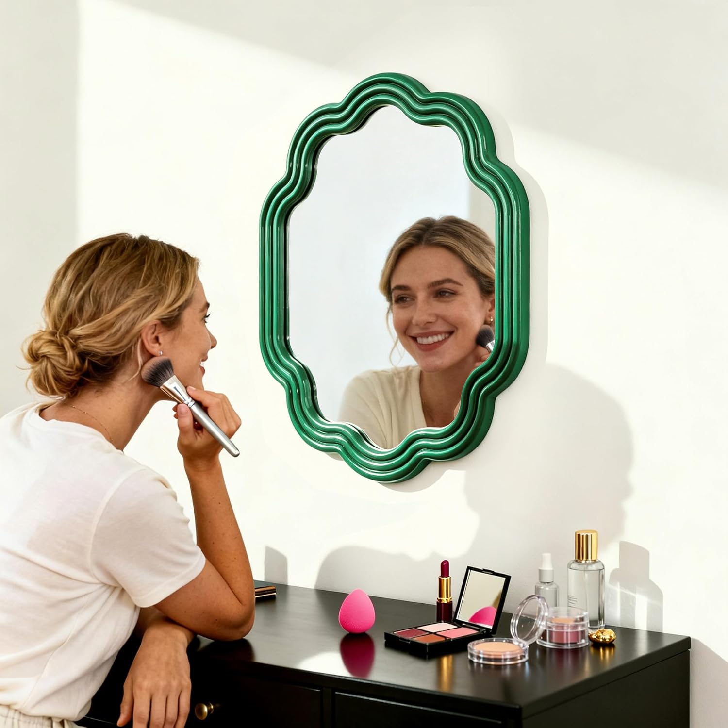 Green Wavy Oval Mirror 16x20 Scalloped Wall Mounted Unique Wooden Frame Modern Mirror for Bedroom Living Room Entryway Hallway