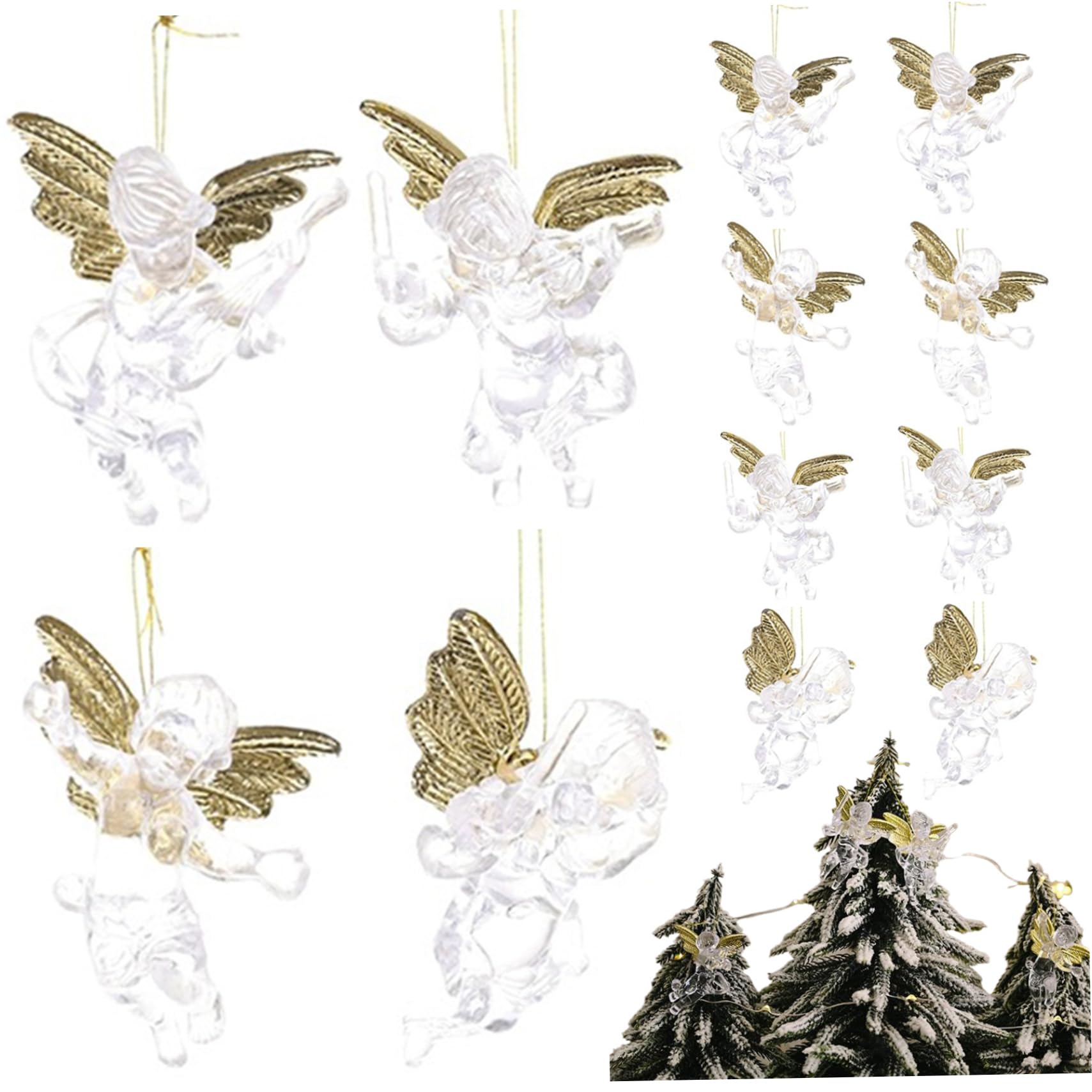 Wedhapy 12Pcs Christmasangel Ornaments For Christmas Tree Transparent Angel Christmas Ornaments With Golden Wing 2.8In Hanging Angel Ornaments For Home, Christmas