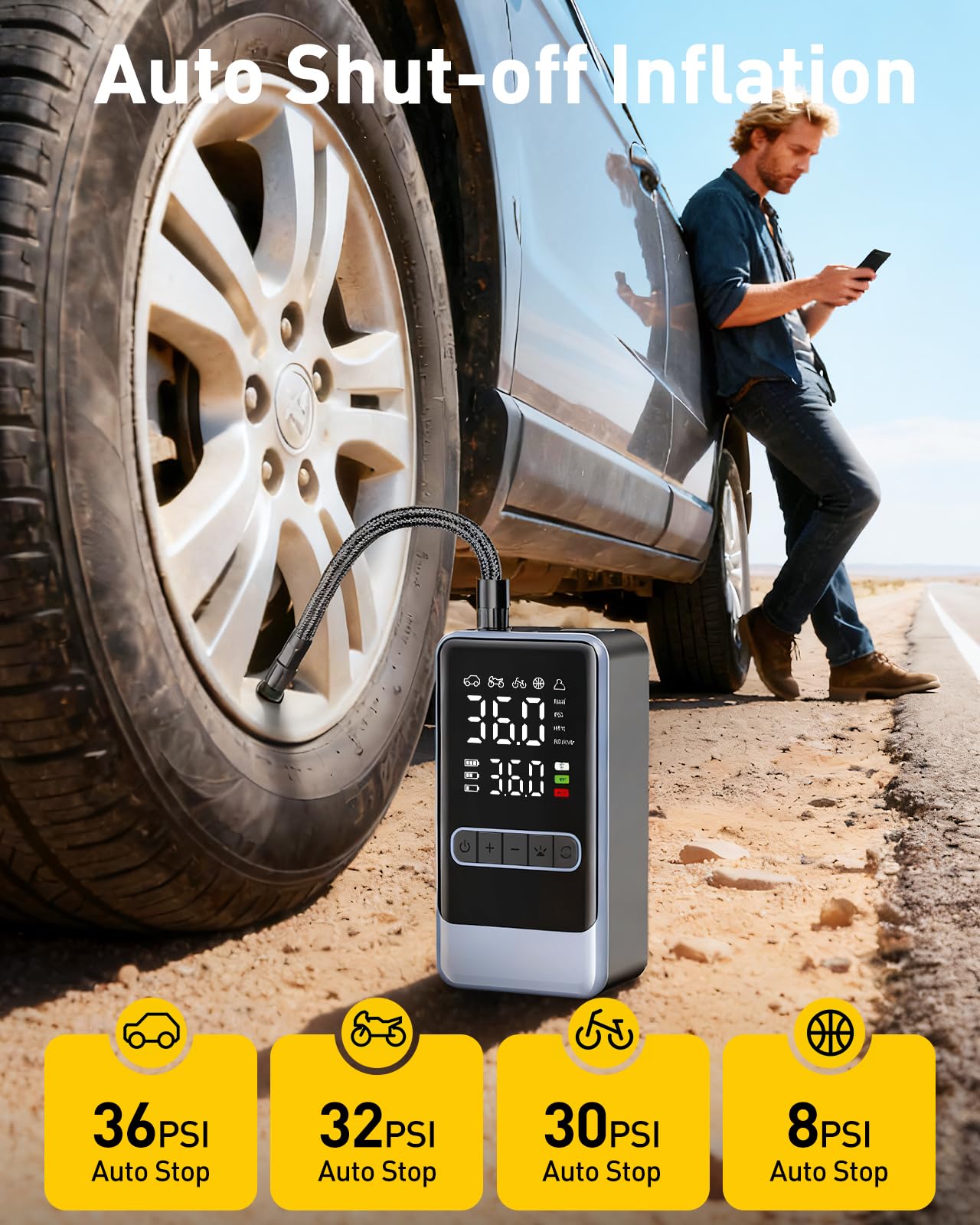 Tire Inflator Portable Air Compressor, 150PSI Cordless Air Pump for Car Tires, Electric Bike Tire Pump with Digital Pressure Gauge and LED Light, Portable Tire Inflator for Car, Moto, Bicycle