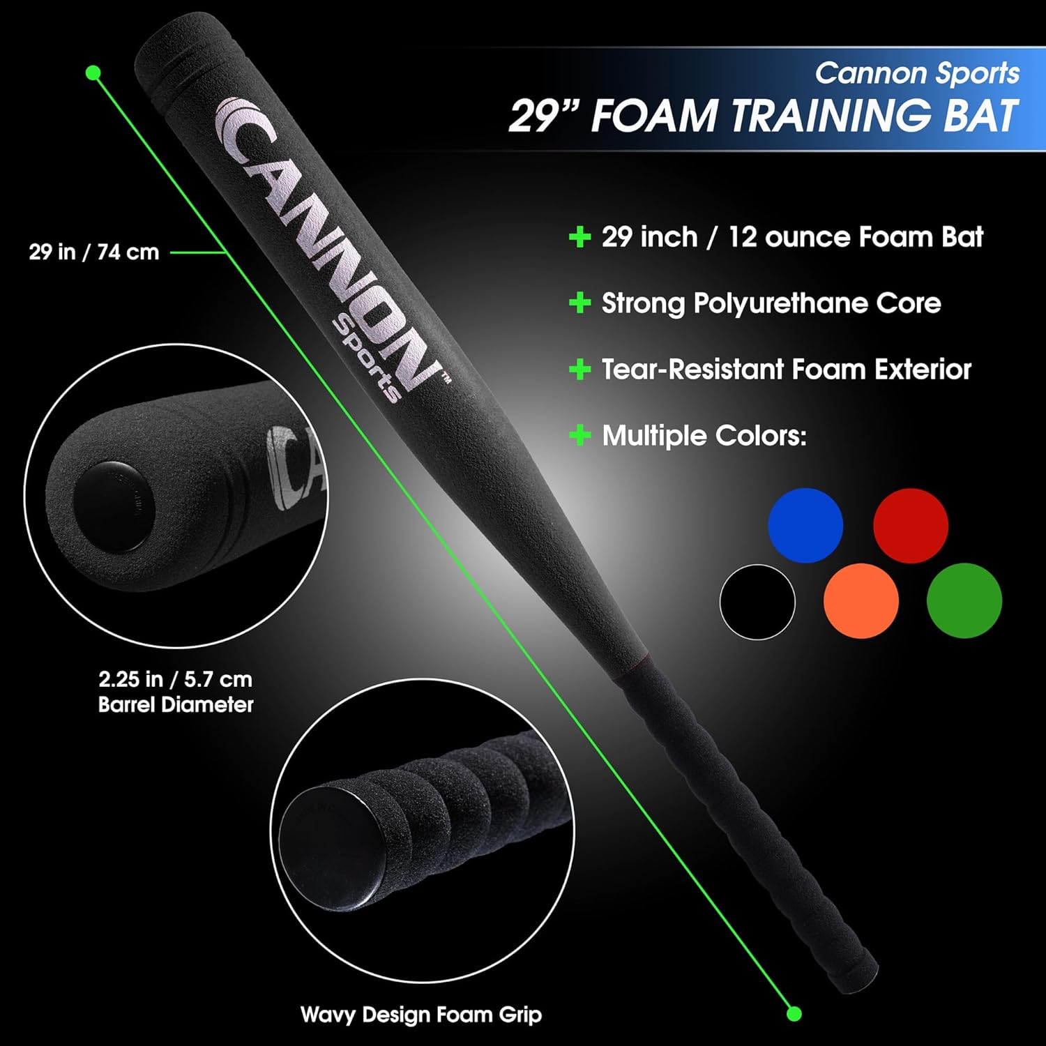 Cannon Sports Foam Baseball Softball Bat - 29-Inch Padded Training Bat with Strong Poly-Core – Soft Foam Practice Bat