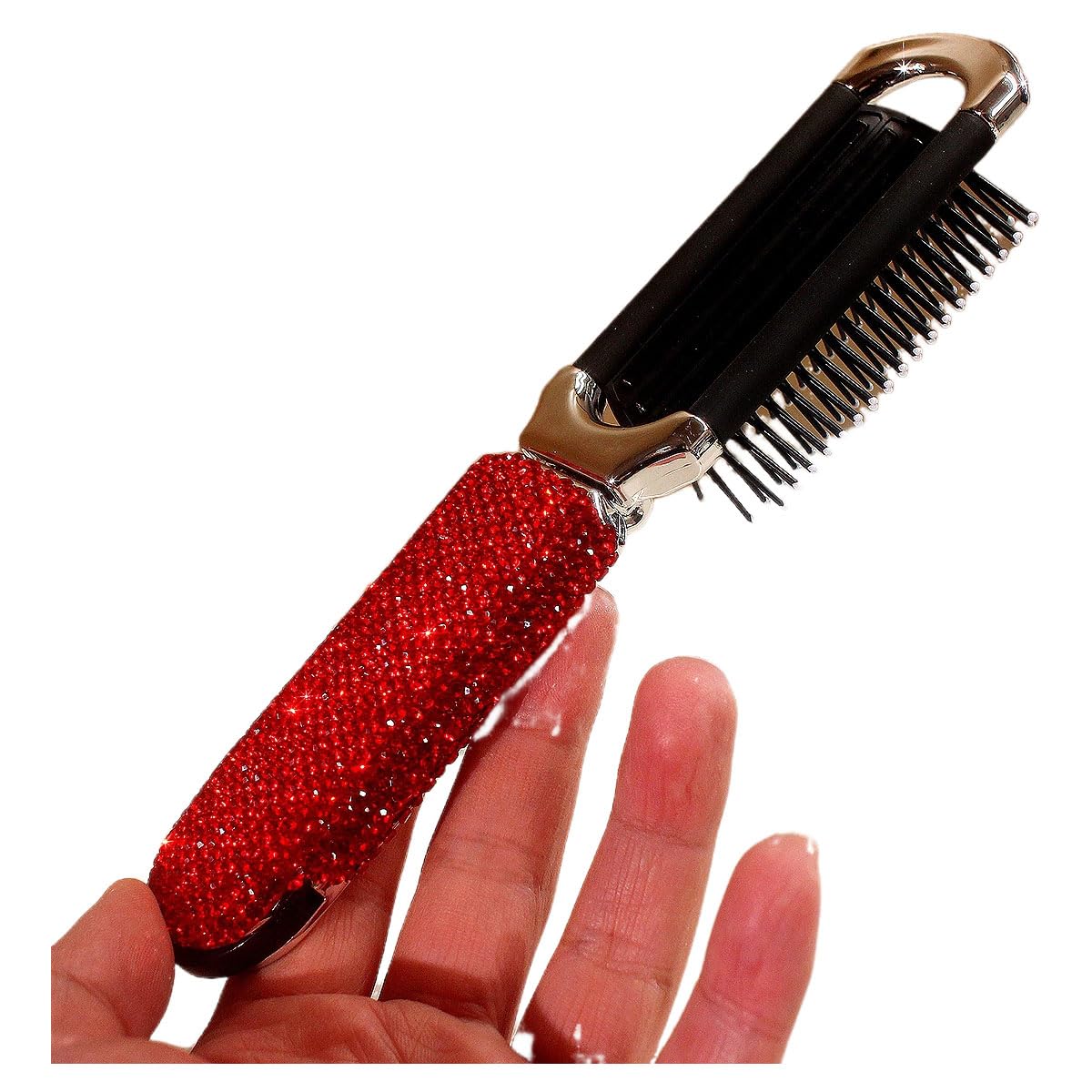 Bling Luxuriöser tragbarer faltbarer Haarkamm mit Spiegel, Wasser-Strass-Design, 20 cm extra lange Zähne, Kissenbürste für Damen, stilvoll, kompakt, für Reisen, Rot