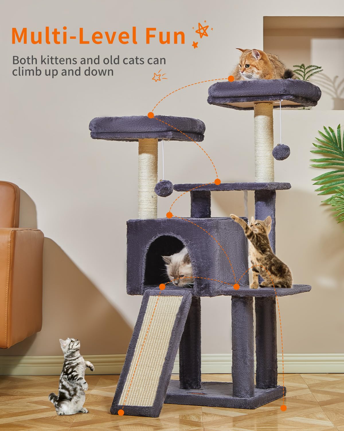 Taoqimiao 44.5-Inch Cat Tower, Cat Tree for Indoor Cats, Cat Condo with Scratching Post, Ramp, Perch, Spacious Cat Cave, for Kittens, Small Space, Smoky Gray MS011G