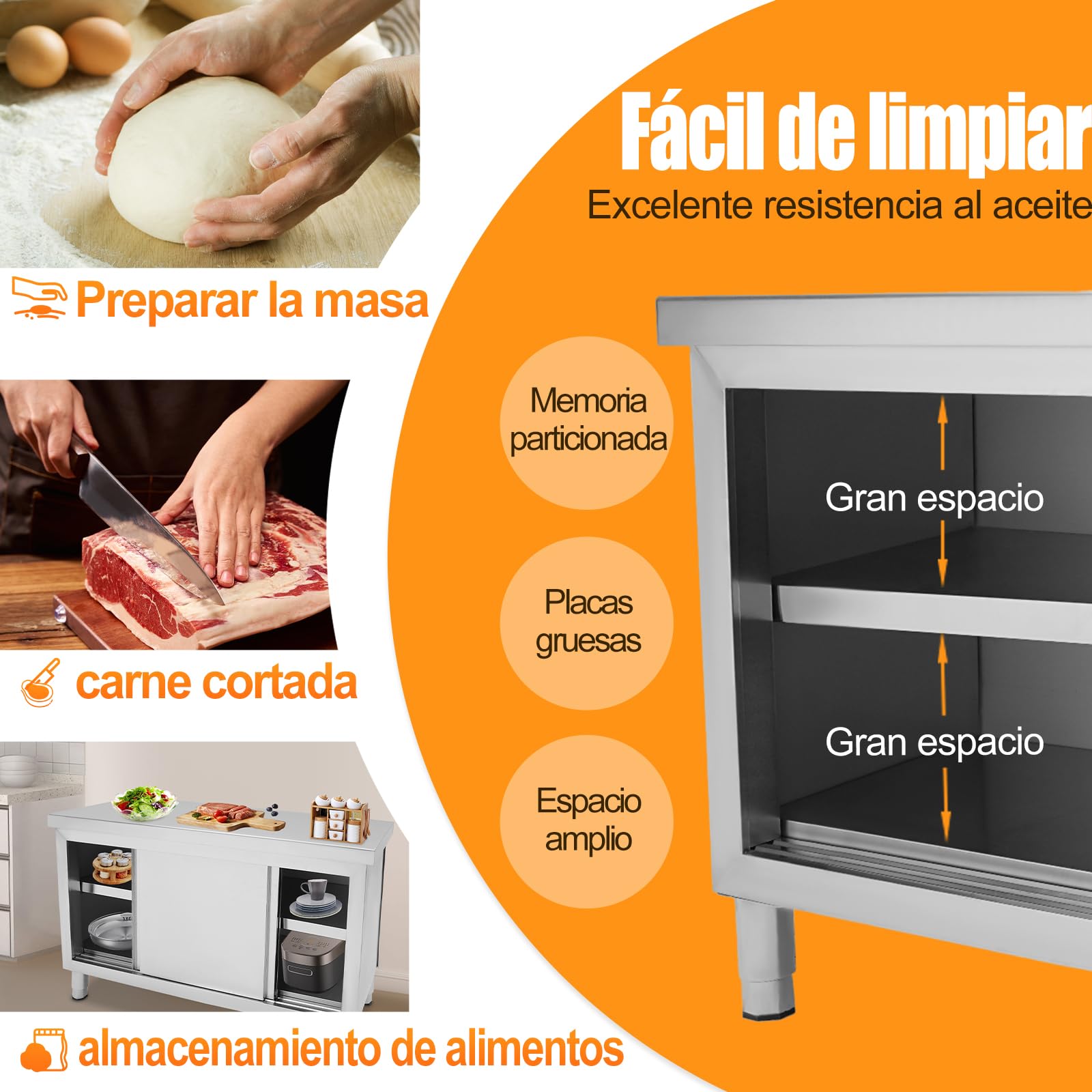 Armario de Trabajo con Puertas correderas, Mesa de Trabajo de Acero Inoxidable, para Cocina, Restaurante, Garaje, 120 x 50 x 86 cm