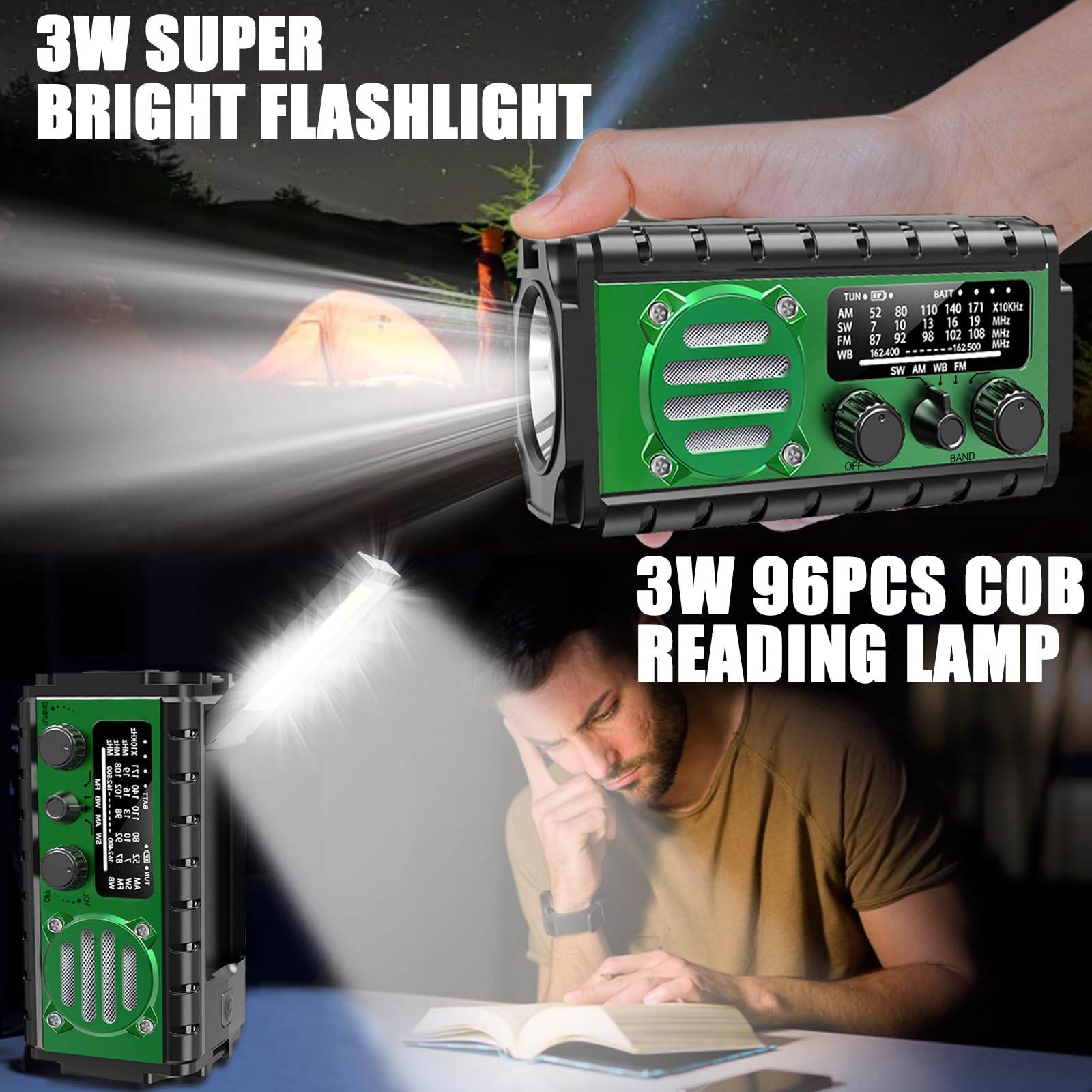 Radio Solar Portátil de 20000 mAh, Radio de Emergencia con Manivela, SW/Am/FM con Dinamo, Batería Externa Recargable, Linterna LED, Luz de Lectura LED, Alarma SOS