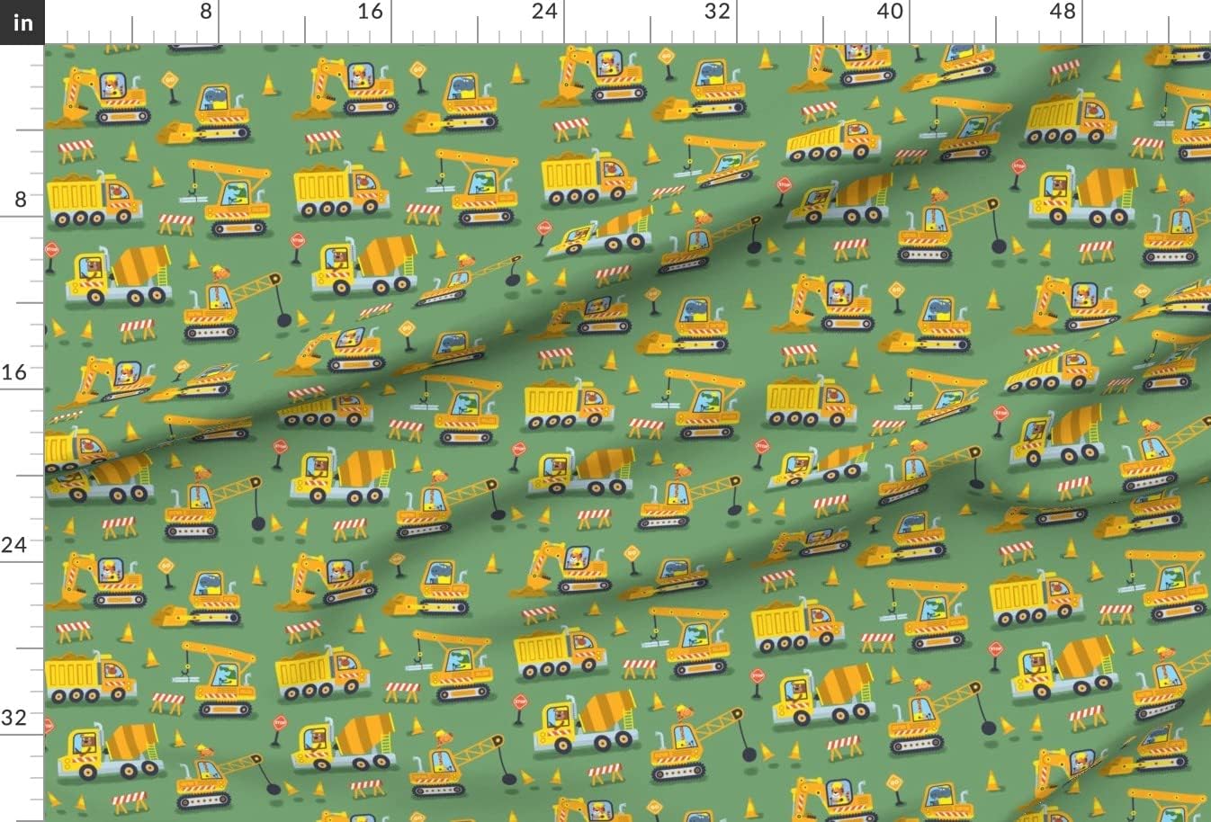 Spoonflower Fabric - Construction Trucks Green Animals Children Printed on Minky Fabric by The Yard - Sewing Baby Blankets Quilt Backing Plush