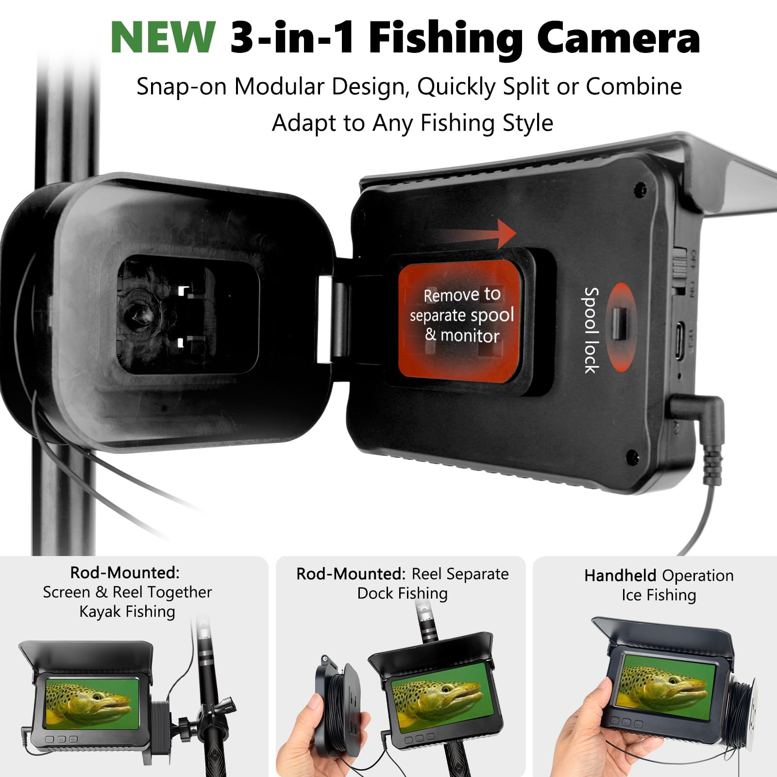 Amazon.com:   3-in-1 Underwater Fishing Camera, 4.5''IPS Ice  Fishing Camera Underwater 1000TVL, (Easy to Use) Fish Line Camera Portable  Fish Finder, IR, USB-C, for Ice, Boat, Kayak Fishing : Electronics