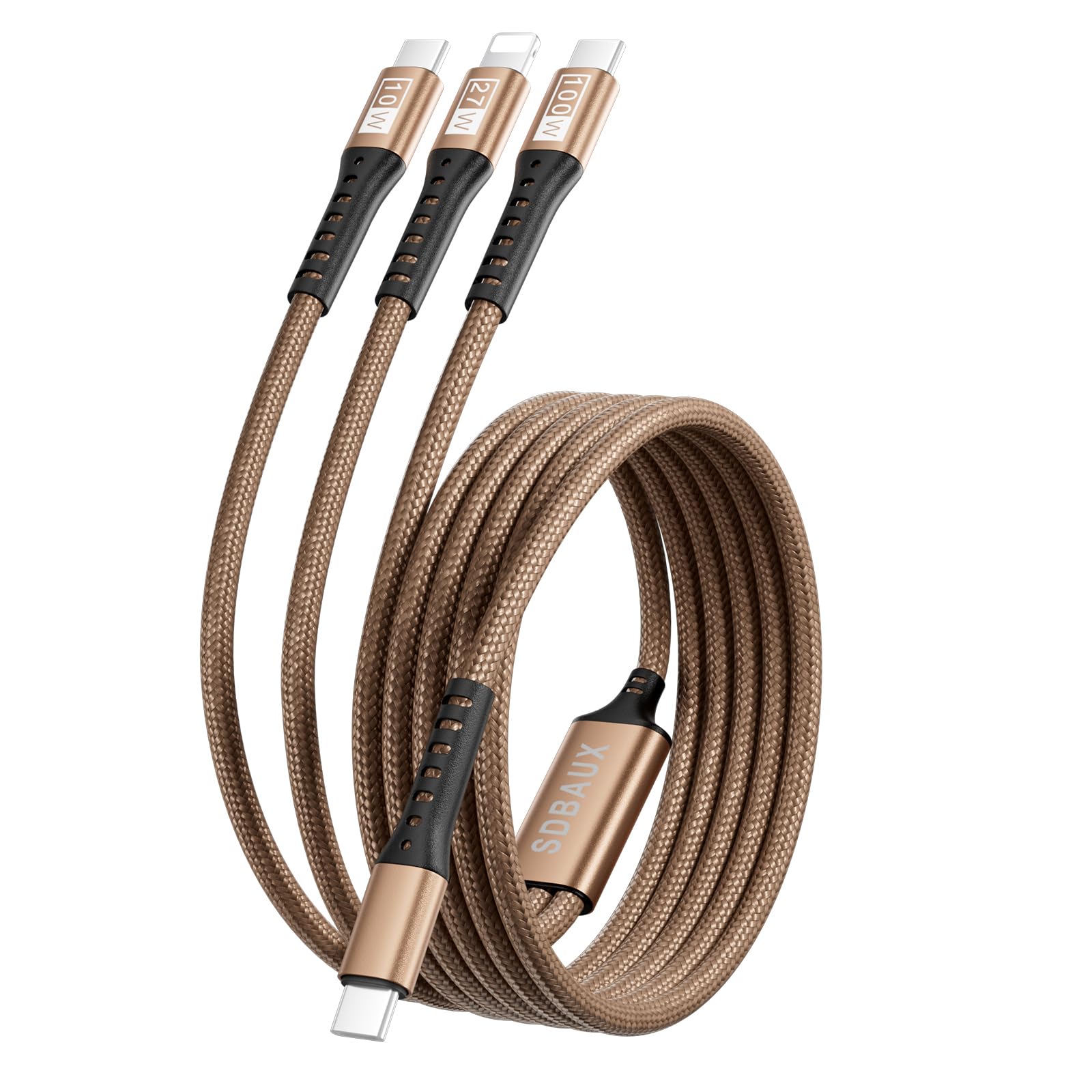 100W 充電ケーブル USB C PD to 3 in 1 ナイロン編組27Wライトニング/100W Type-C /10W Type-C マルチケーブル超高耐久高速同時充電 iPhone 16 15 14 13 12 Pro Max iPad Mini Air Phone iOS Android タイプC各種対-1.2M (USB-C)