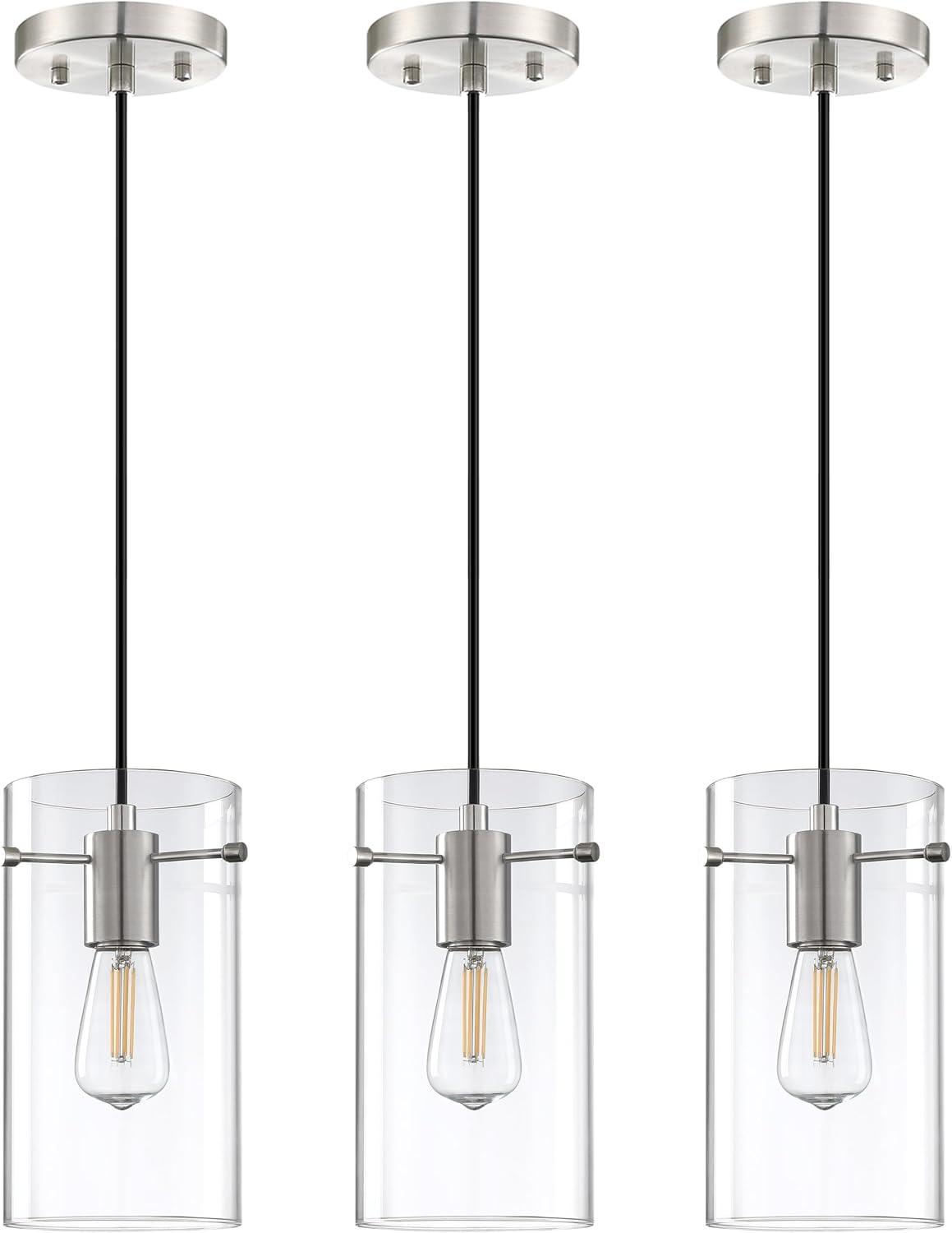 3 Pack Kitchen Island Pendant Ceiling Light 4.7" Glass Indoor Hanging Fixture,Brushed Nickel Finish for Farmhouse Over Sink Bedroom Hallway