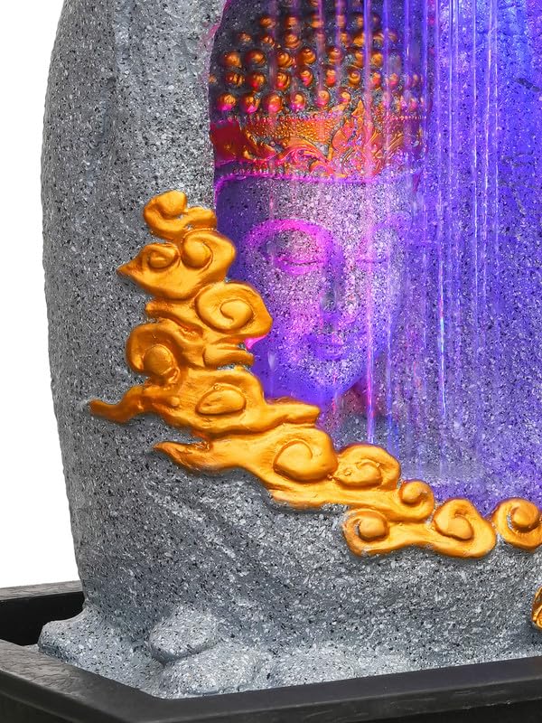 Image of Polyresin Tabletop Grey Meditating Buddha Sitting in Cave Style Indoor Front Curtain Waterfall Fountain for Home Decor with LED Light, Speed Controller Pump (Size: 40 x 22 x 29.5CM)