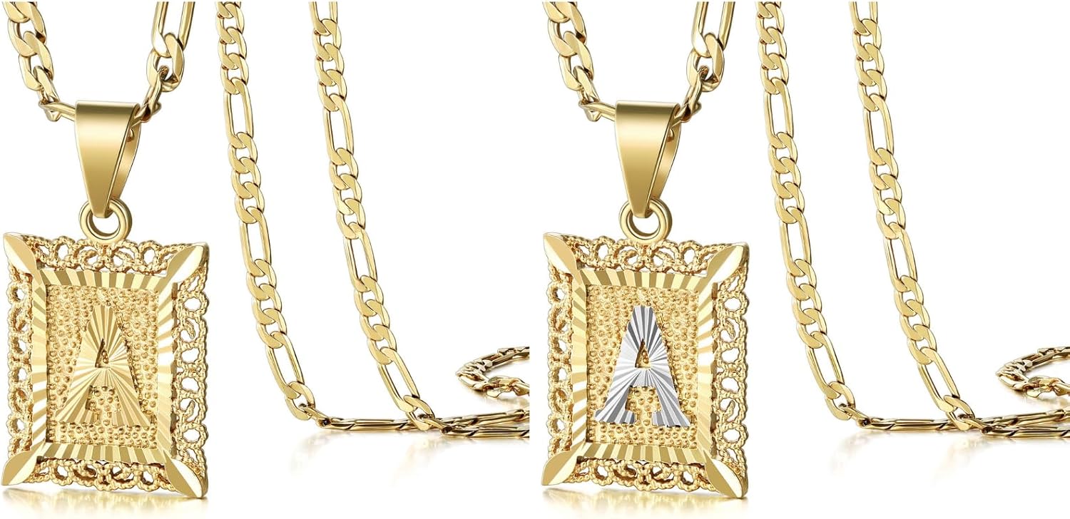 KissYan Initial Letter Pendant Necklace for Men Womens (Gold + Hollow White), 14K Gold Plated Square Capital Monogram Necklace Alhpabets from A-Z Figaro Chain Necklace