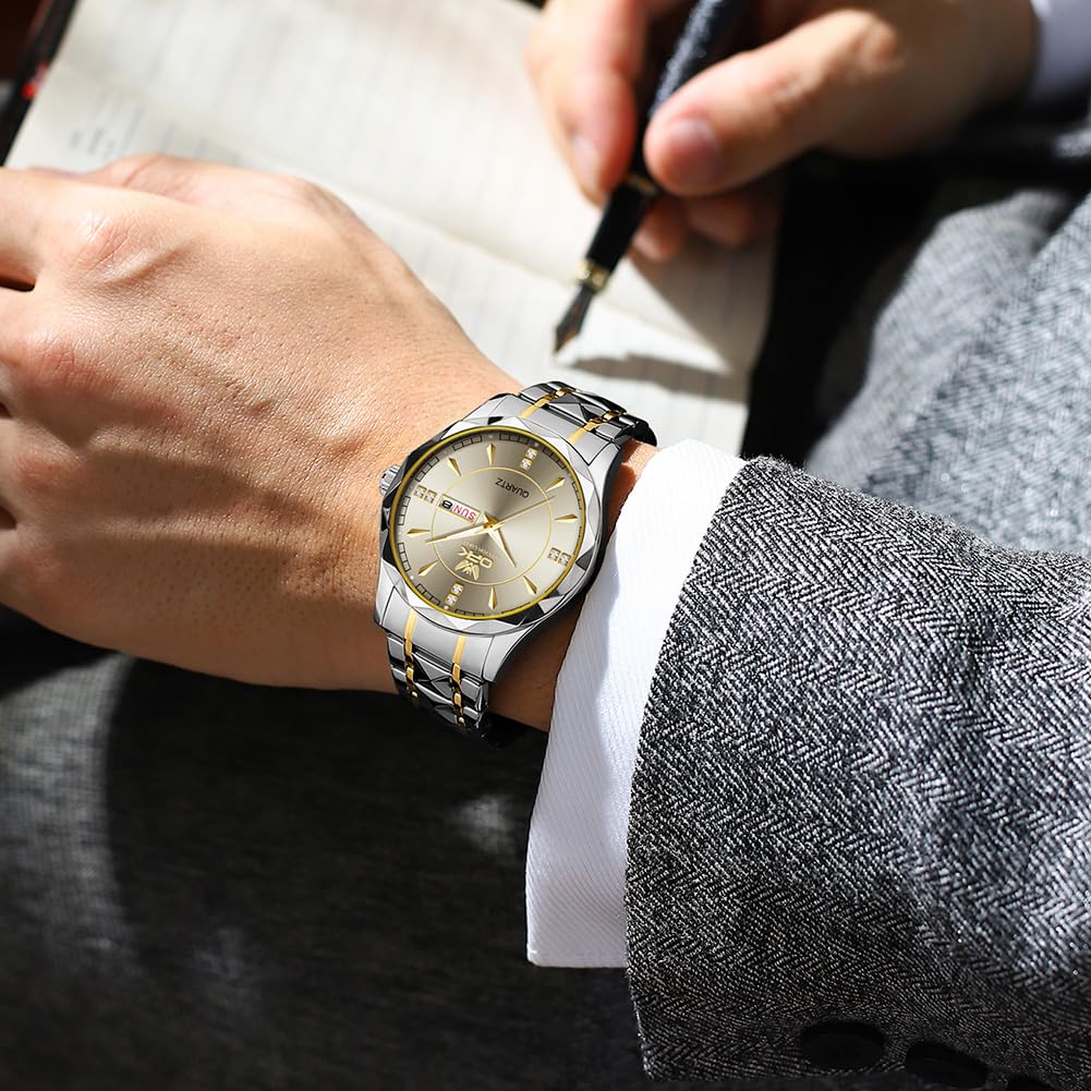OPK Watches for Men Analog Quartz Two Tone Mens Dress Watch Stainless Steel Calendar Waterproof Luminous Wristwatch Gray Dial