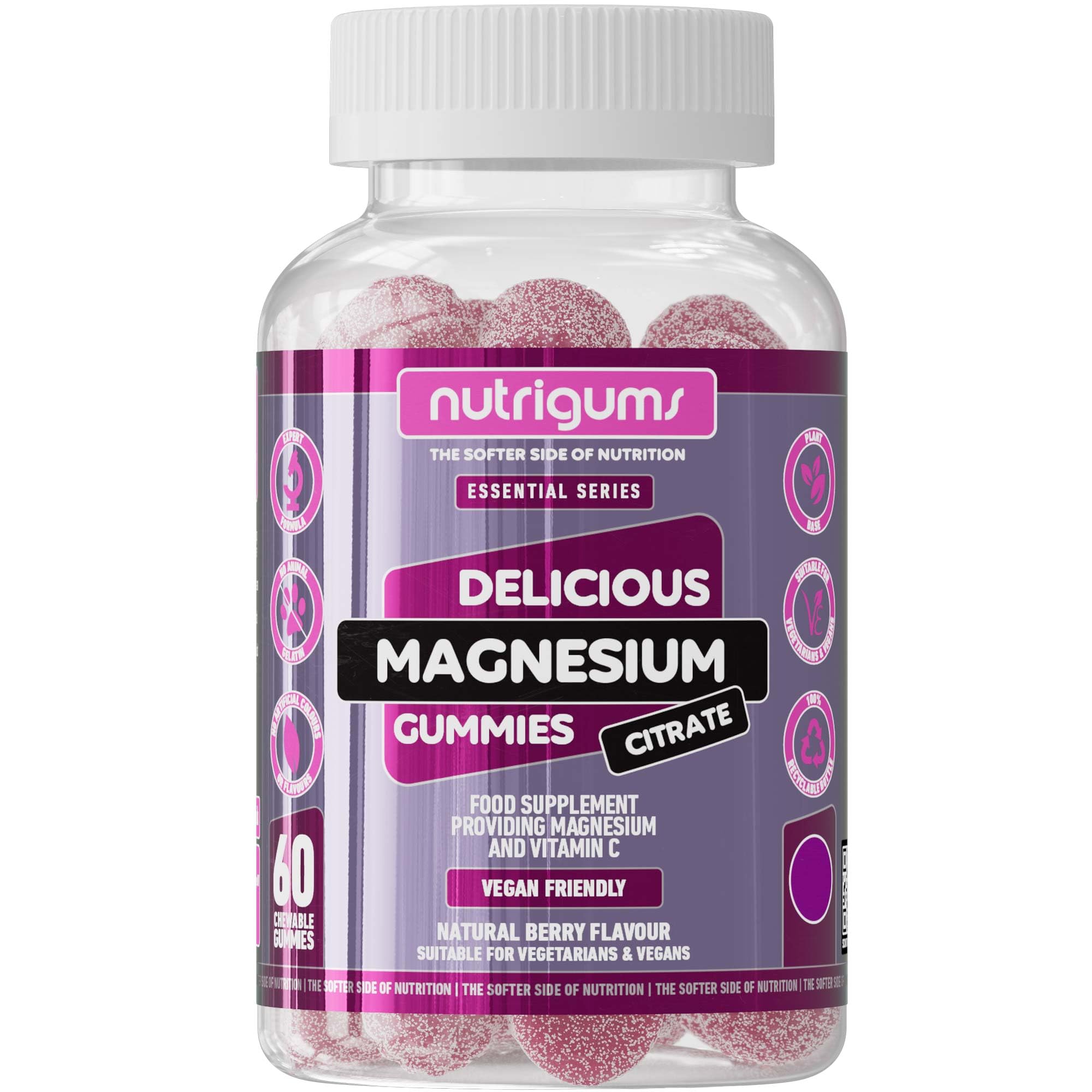 Magnesium Citrate 1250mg & Vitamin C Gummy | High Strength | 150mg of Elemental Magnesium & 80mg Vitamin C | Mixed Berry Flavour | 60 Vegan Gummies | Energy & Bone Support by NUTRIGUMS®
