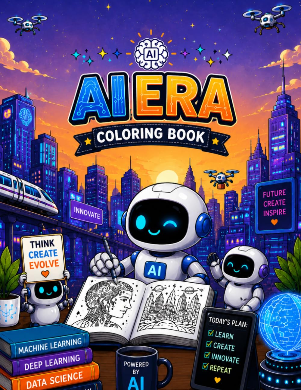 AI Era Coloring Book: Futuristic Scenes of Technology, Robots and Artificial Intelligence for Adults
