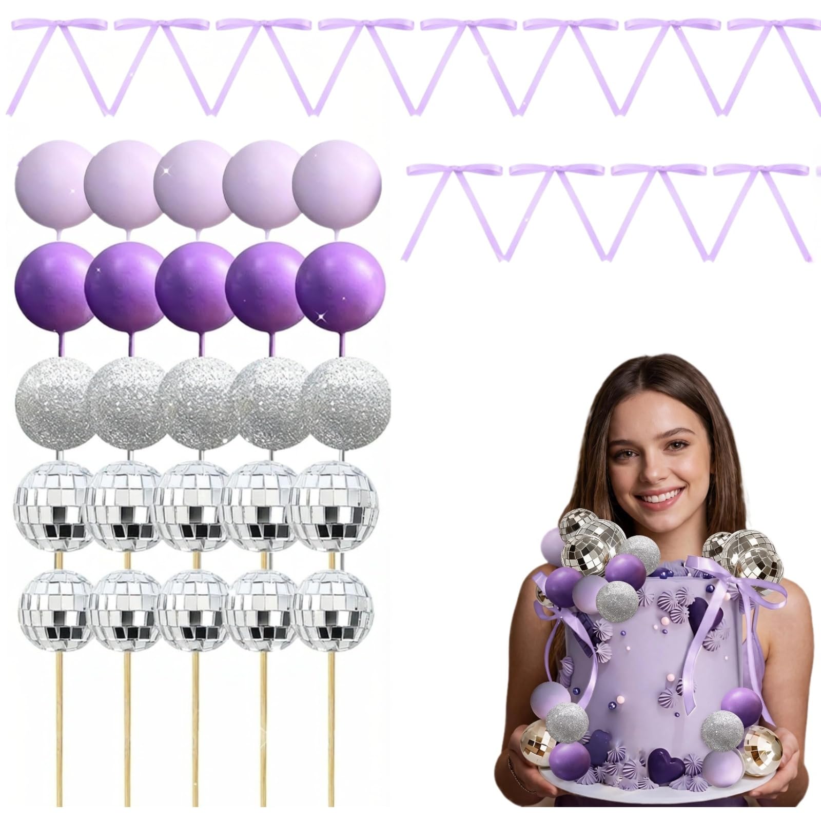 Disco Ball Cake Decorations, 37 Pcs Purple Cake Decorations (6 Styles)
