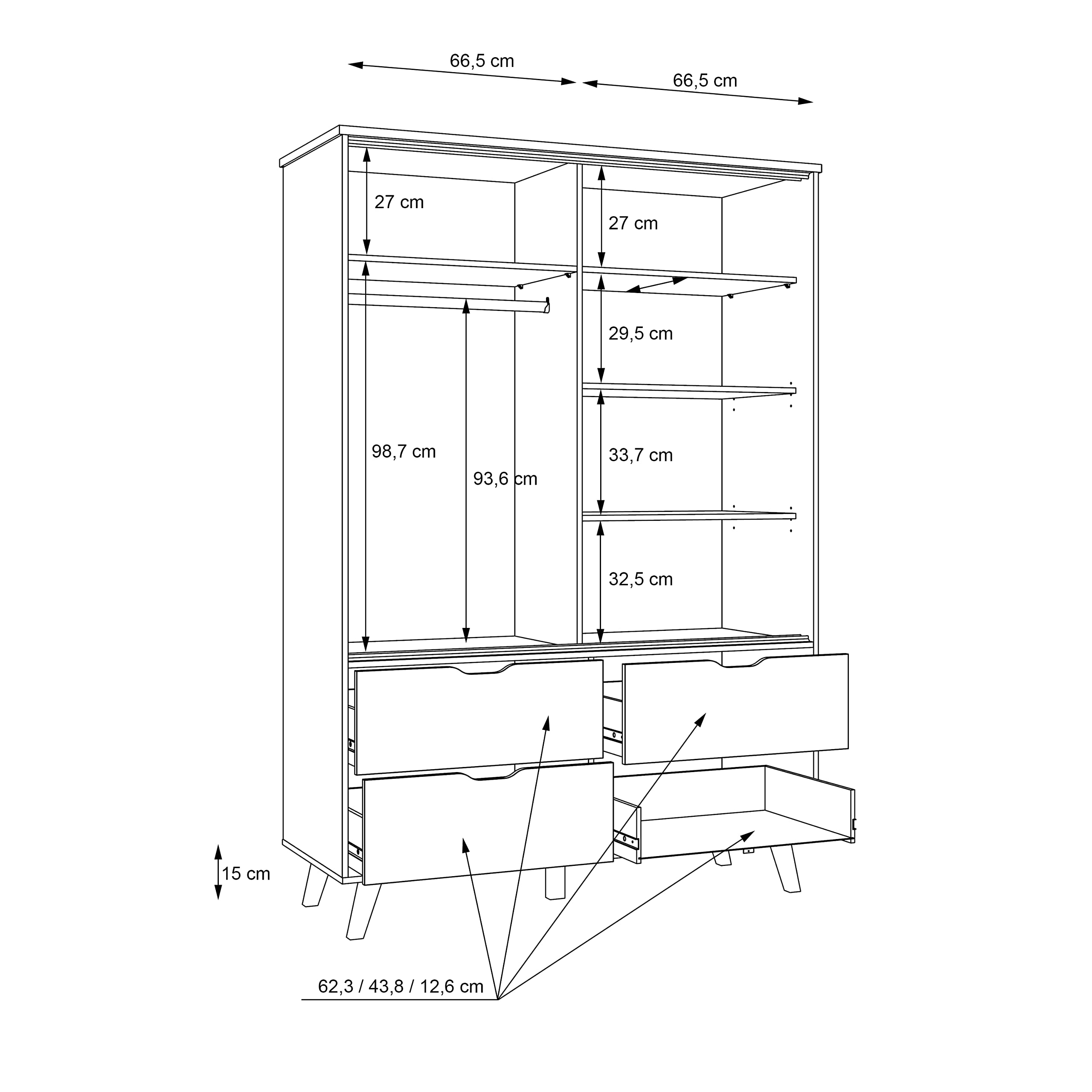 FORTE VANKKA Schrank 140 Kleiderschrank Schiebetüren Skandinavischer Stil 2-türig mit 4 Schubladen Schlaf- oder Kinderzimmer Holzdekor: Eiche mit Weiß 139 cm breit x 201.5 cm hoch x 53 cm tief
