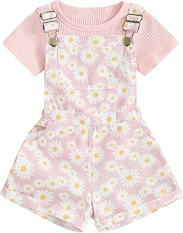 Toddler Baby Girl Overalls Romper Outfit Kids Ruffle Sleeve Tops T-Shirt + Floral Suspender Pocket Shorts Clothes Set