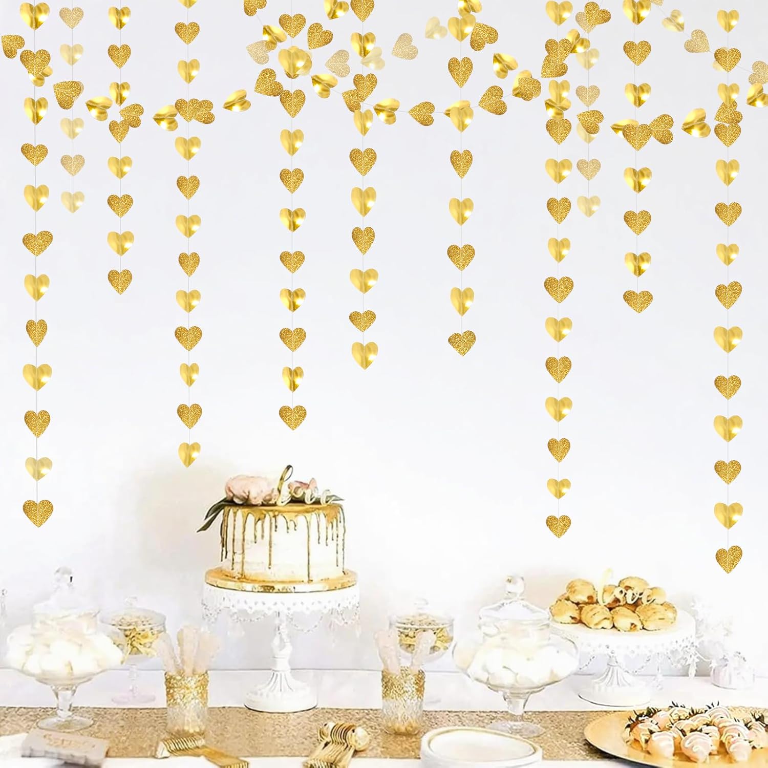 Glitter Champagne-Gold Party-Decorations Heart Streamers Garland - 39Ft Wedding Engagement Hanging Paper Banner,Bachelorette Bday Bridal Baby Shower Christmas Anniversary Housewarming Backdrop Decor - Image 3