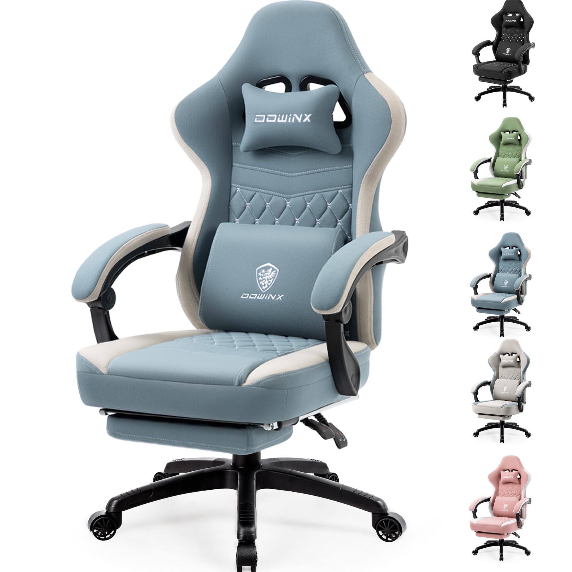 Dowinx Gaming Chair Fabric with Pocket Spring Cushion, Computer Gaming Chair with Footrest, Ergonomic PC Chair, Gamer Chair, Office Chair, 150 kg Load Capacity, Blue