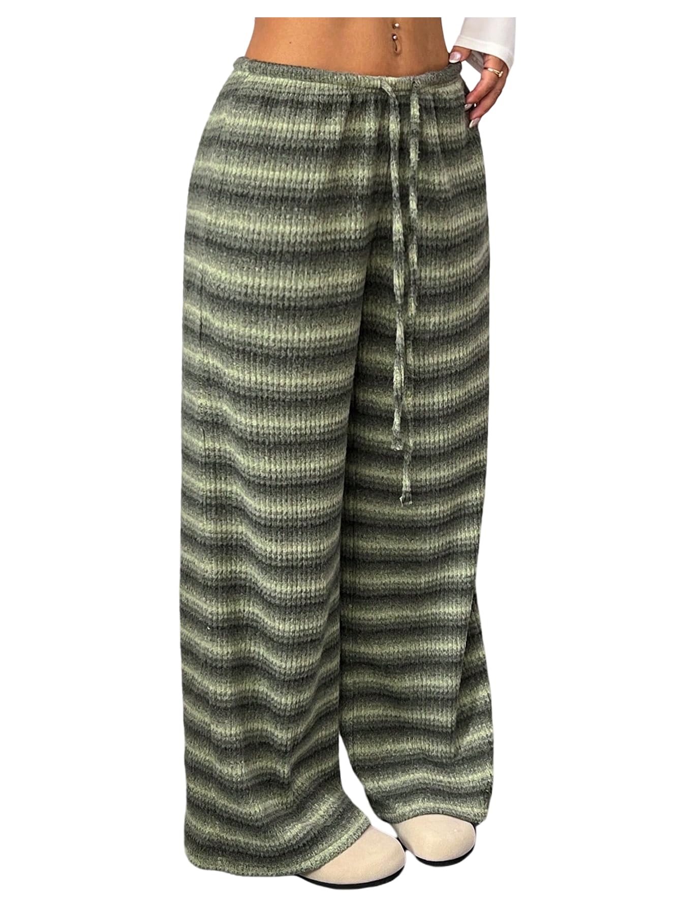 SOLY HUX Womens Striped Wide Leg Pants Drawstring Elastic Waist Baggy Lounge Pants Casual Long Trousers