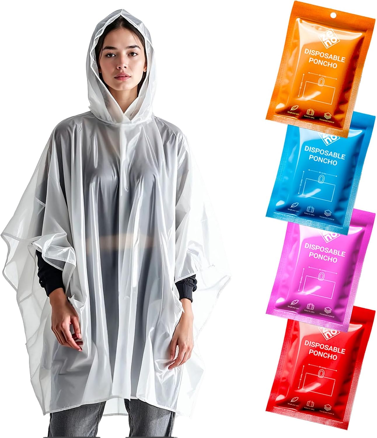 ZENO Disposable Rain Ponchos for Adults - Clear with Hood, Compact Emergency Ponchos for Hiking, Camping, Travel