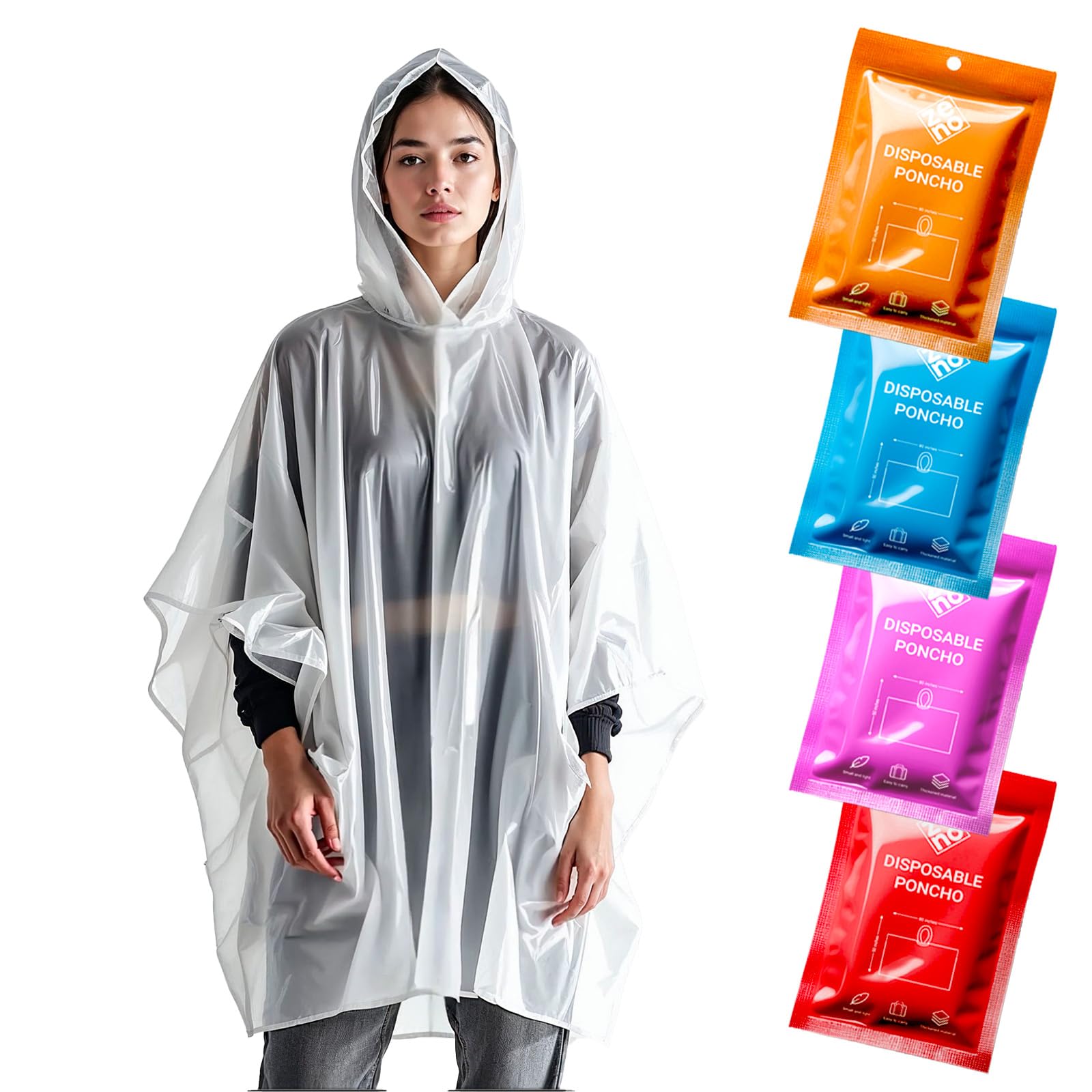 ZENO Rain Poncho Waterproof Adult - Festival Poncho - Waterproof, Disposable, Clear with Hood - Emergency Rain coat for Hiking, Cycling, Camping, Concert - Pack of 4 - Color Mix Edition