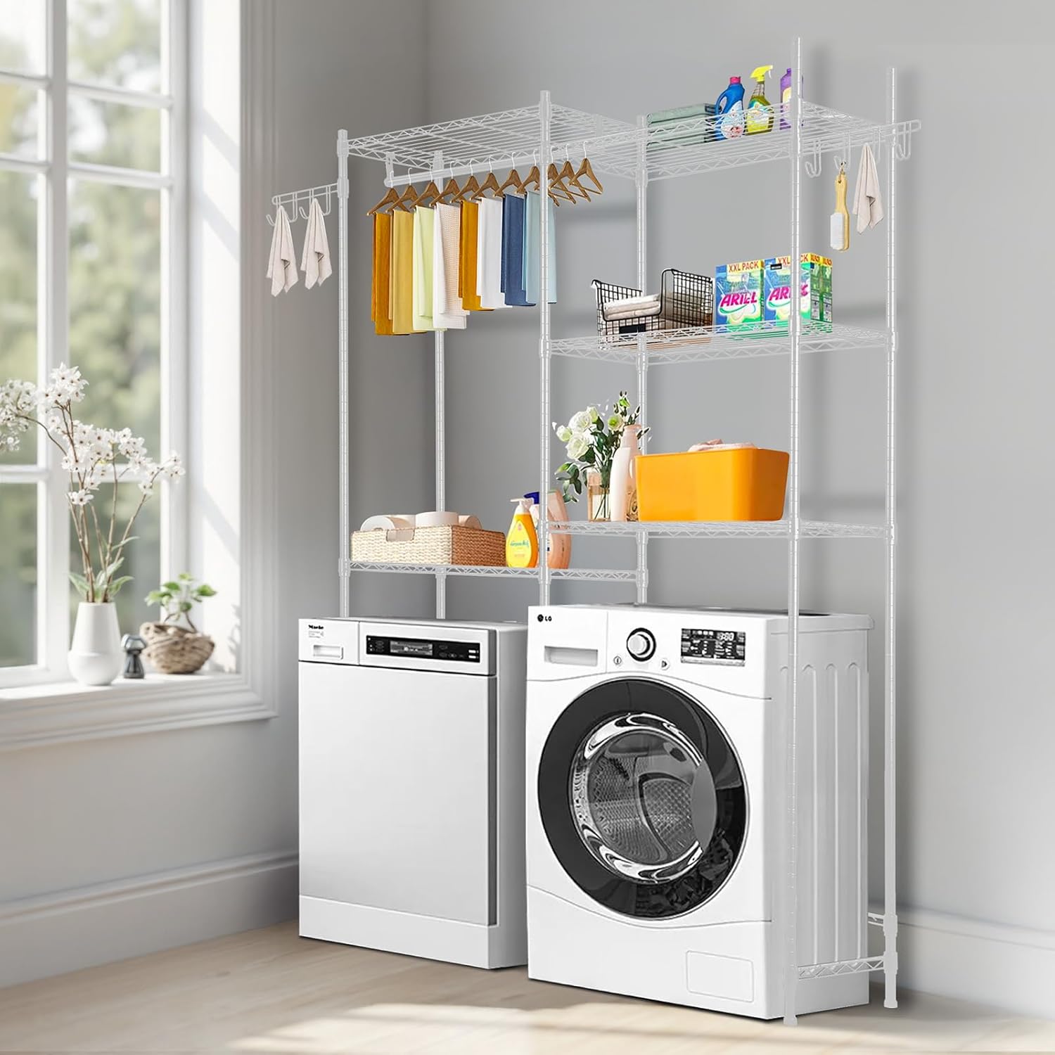 vevor over the washer and dryer storage shelf, 5 tier laundry room drying rack with hanger rod and hooks, adjustable over washer and dryer shelves, laundry room shelf storage space saver, white white 5-tier