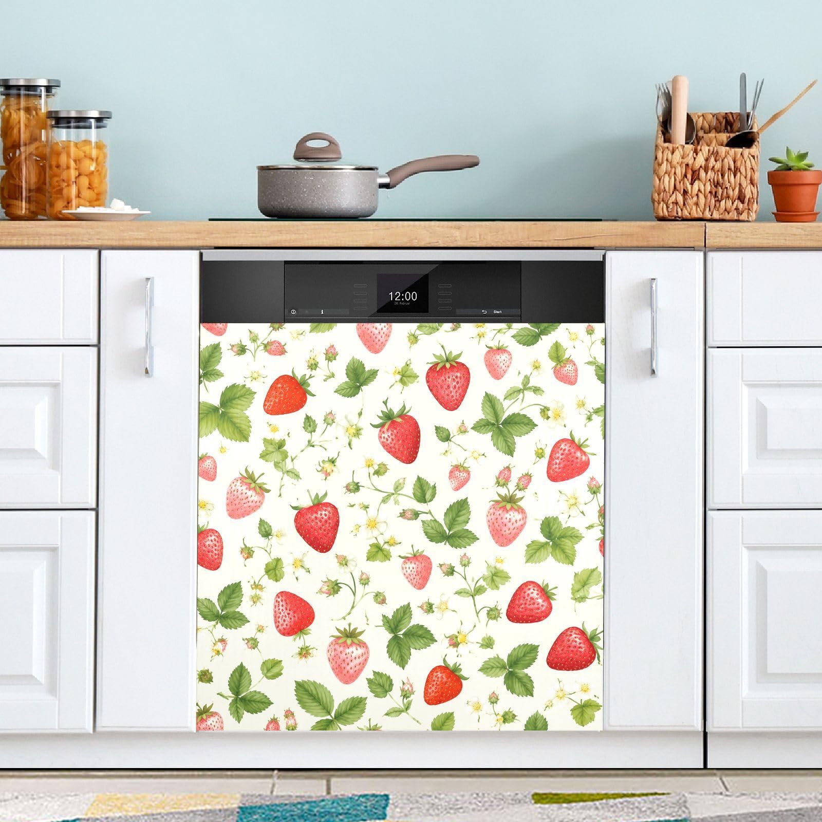 Dishwasher Magnet Cover 58.42 x 66.04 cm Magnetic Dishwasher Door Cover Trimmable Appliance Decorative Panel Decal for Kitchen Cabinet Refrigerator Washer, Strawberry