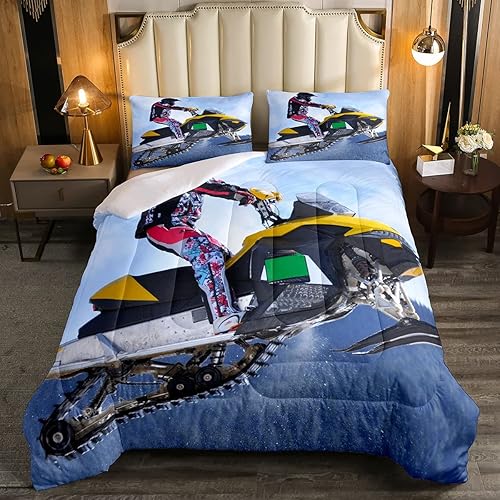 Miniatura 2 de Juego de edredón amarillo de motos de nieve para hombre, tamaño individual, juego de ropa de cama para niños, niñas, adolescentes y adultos, juego
