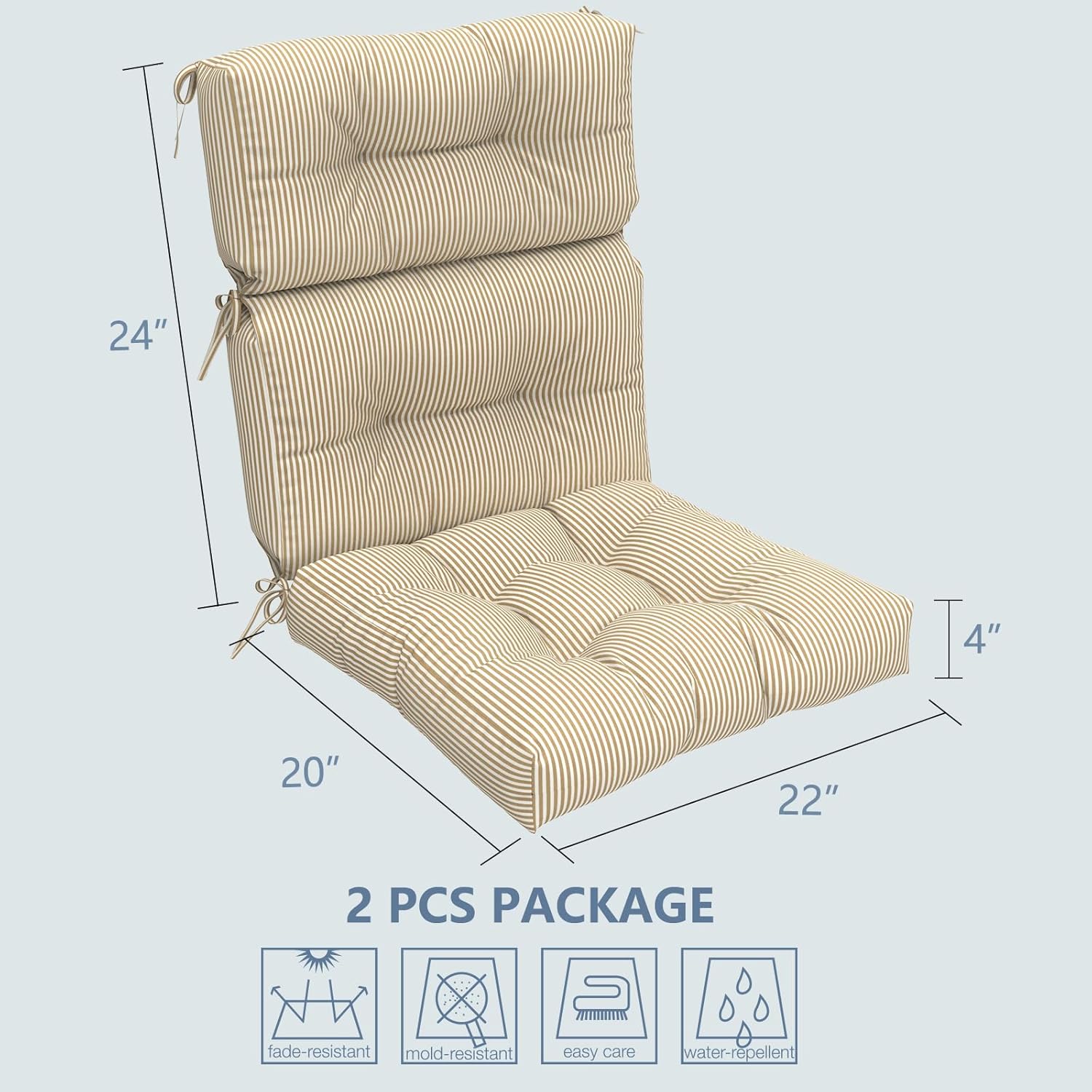 LVTXIII Outdoor Seat and Back Chair Cushion Patio Tufted High Back Cushion with Ties, Seasonal Replacement Rocking Chair Cushion for Home Office Garden Use, 44” L x 22” W, Set of 2, Stripe Beige 44x22x4 Stripe Beige