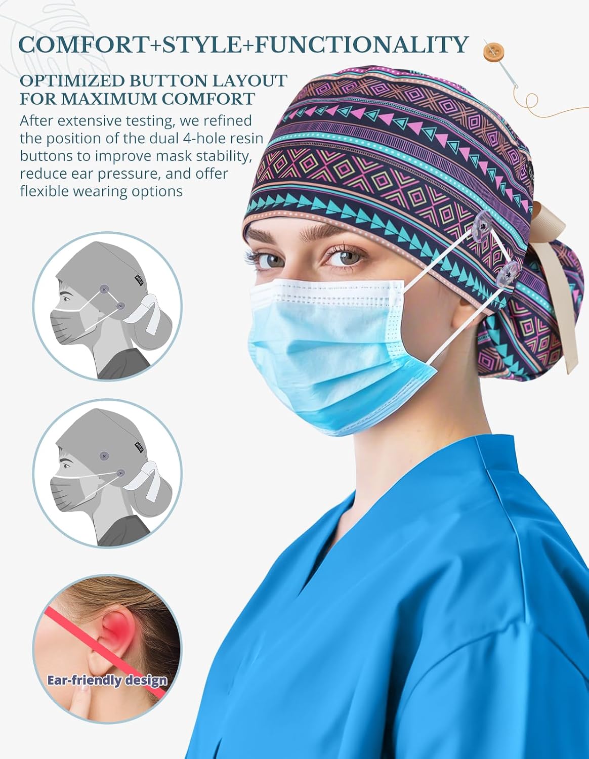 Scrub Caps Women Ponytail, Surgical Hat with Buttons and Sweatband