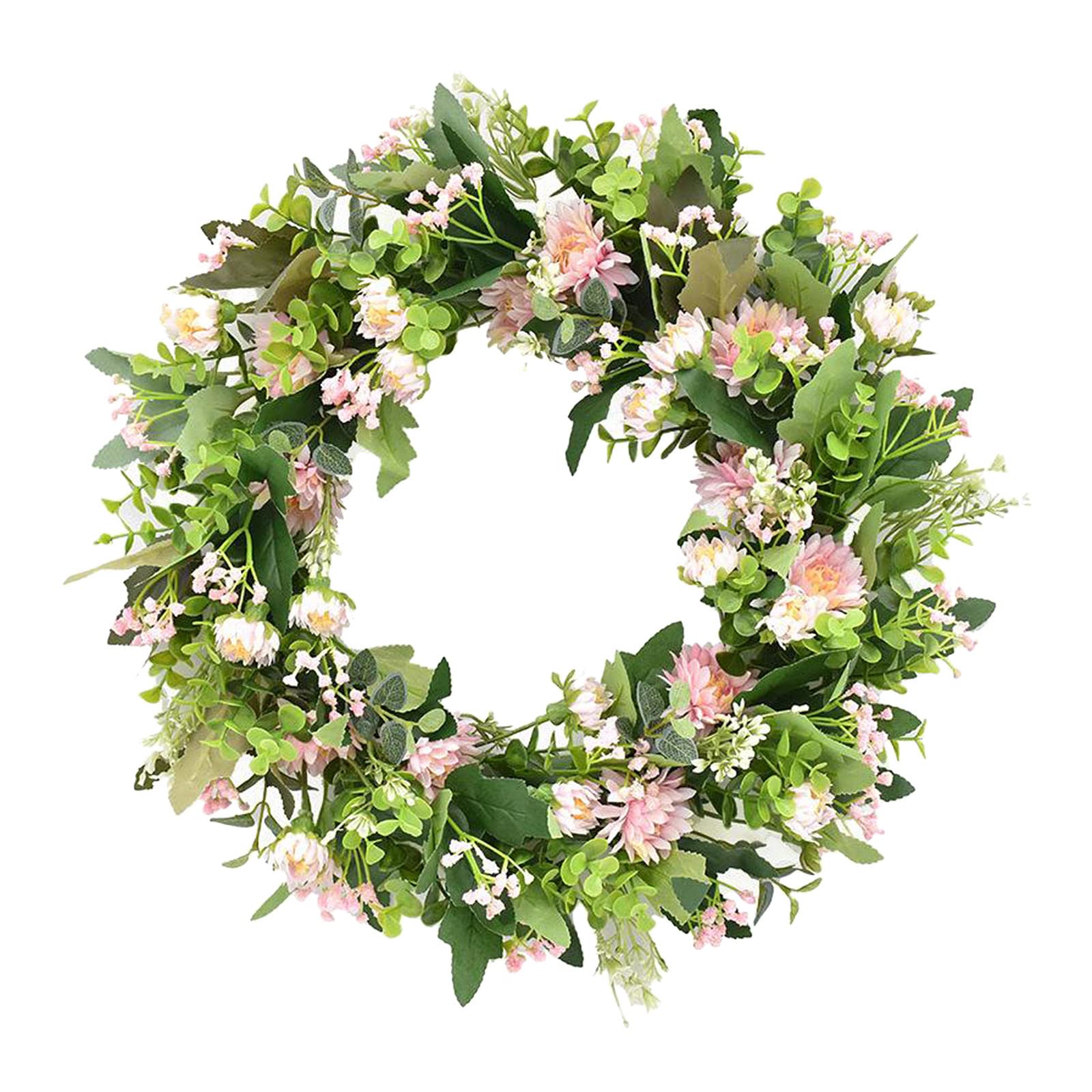 Easnea 18 inch/45cm Rose Daisy Flower Wreath Handmade Pink Floral Artificial Spring Garland Wreath Home Decor, Shop Window Decorative Wreaths Plastic Leaves - Daisy