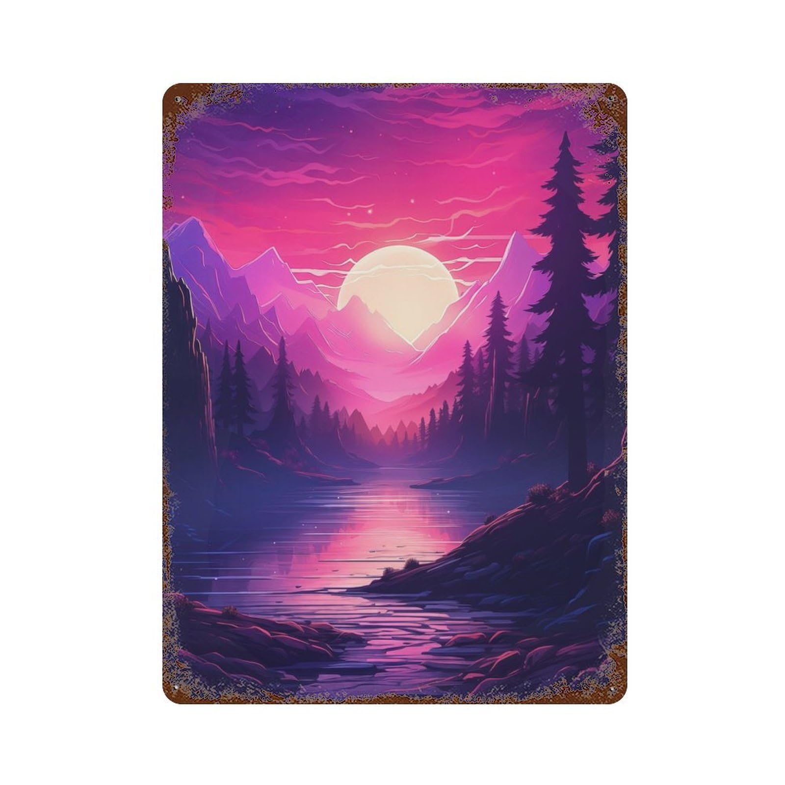 Synthwave Mountainscape 15.7"x11.8" Rusty Metal Tin Sign, Shabby Chic Decor for Bistro, Counter And Cafe Decor