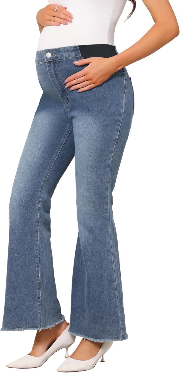Womens Maternity Flare Jeans Mid-Rise Stretchy Bell Frayed Hem Casual Bootcut Denim Pregnancy Pants