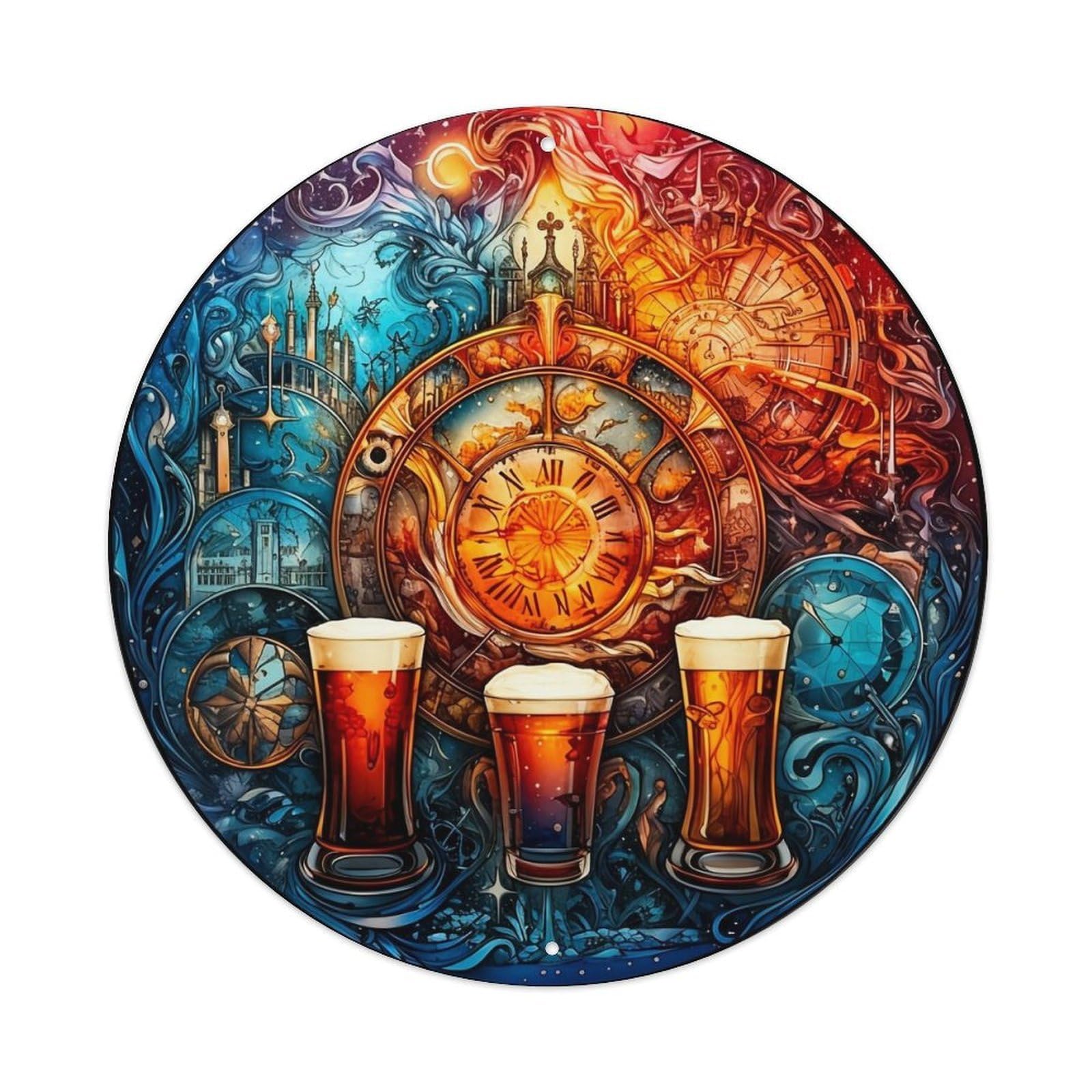 Fantasy Clockwork Beer Art Design Round Tin Sign Vintage Metal Sign Home Bar Garden Indoor & Outdoor Wall Decor Retro Metal Poster 8x8 Inch