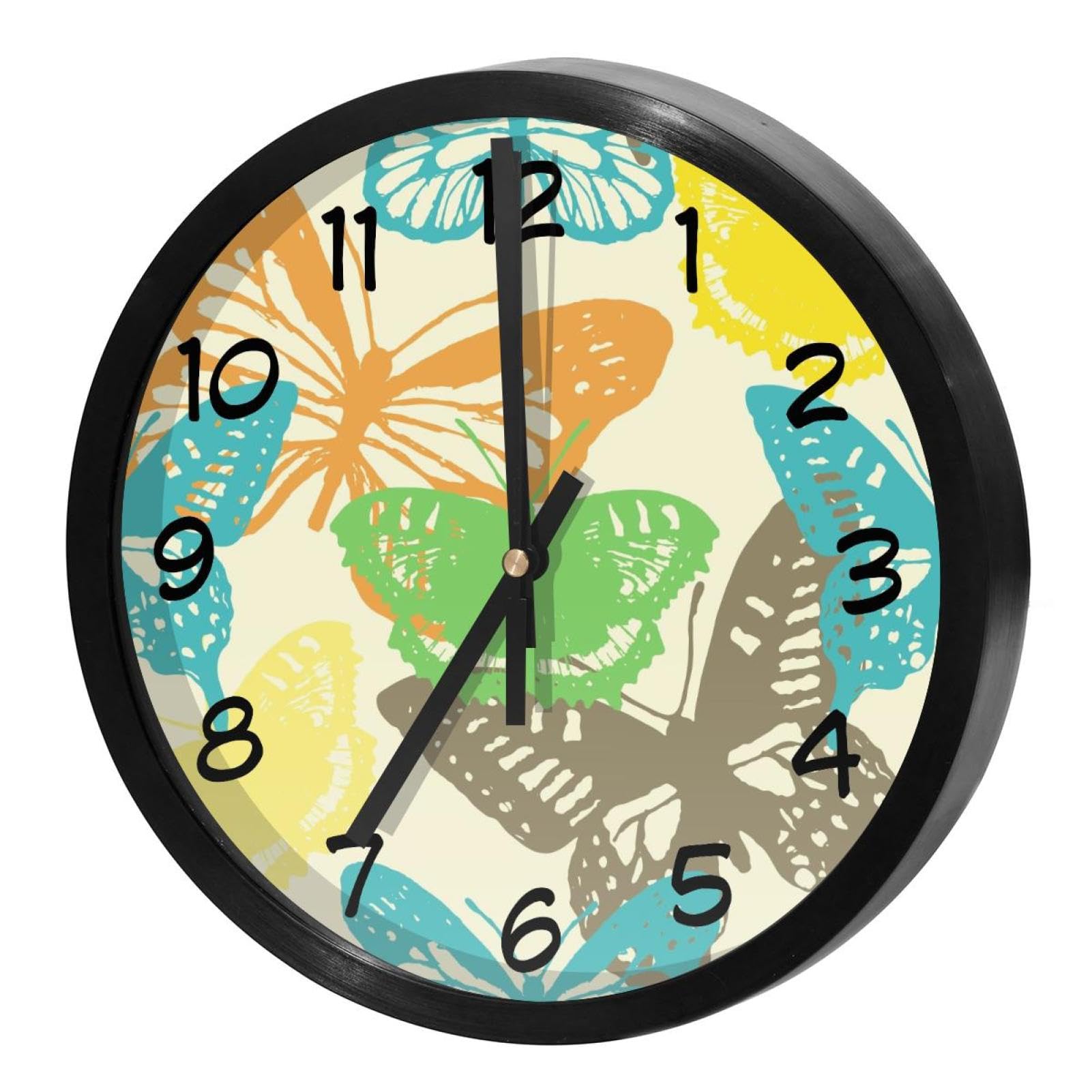 Horloge murale à piles ronde avec motif papillon pour cuisine